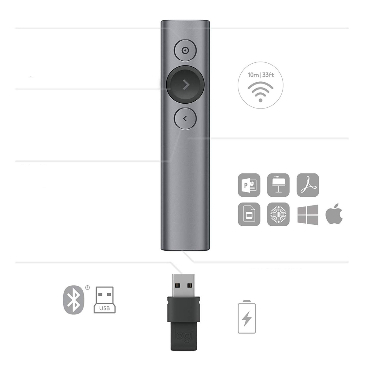 A gray remote with various icons and symbols on a white background, including USB and Bluetooth logos.