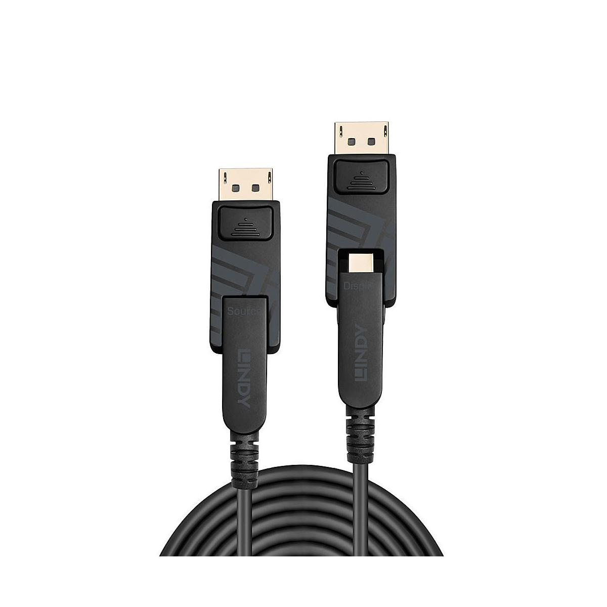 Due cavi DisplayPort LINDY neri con connettori. Un cavo arrotolato in basso.