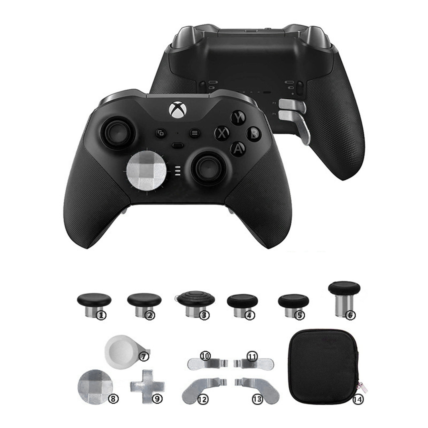 Zwarte Xbox Elite Series 2 controller met accessoires. Diverse opzetstukken inbegrepen.