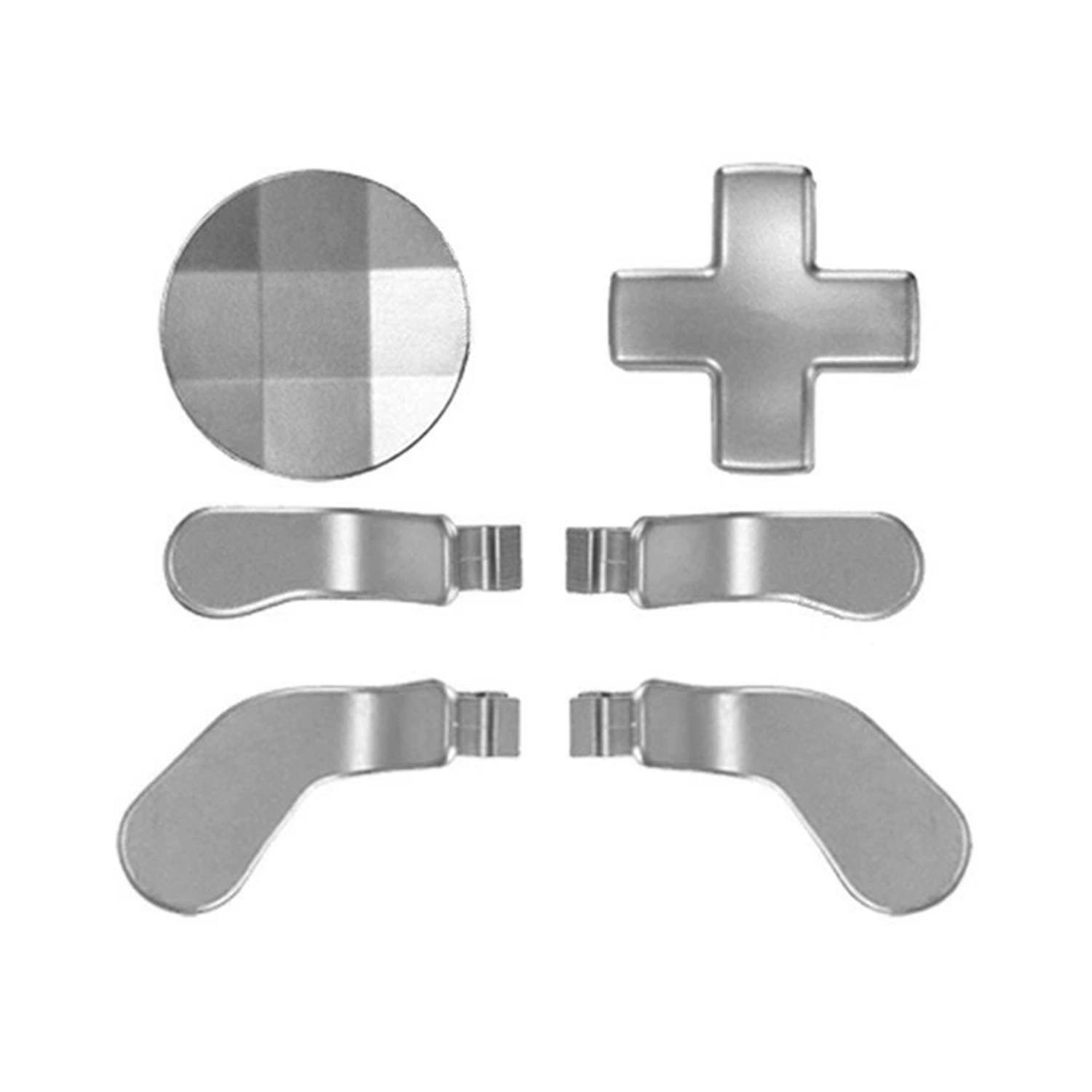 Een set zilveren gamecontrollerknoppen: een ronde knop, een plus-teken en twee sets richtingknoppen.