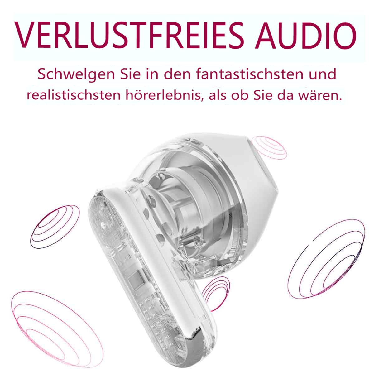 Kopfhörer werden mit dem Text 'VERLUSTFREIES AUDIO' angezeigt. Sie sind weiß und haben ein schlankes Design.