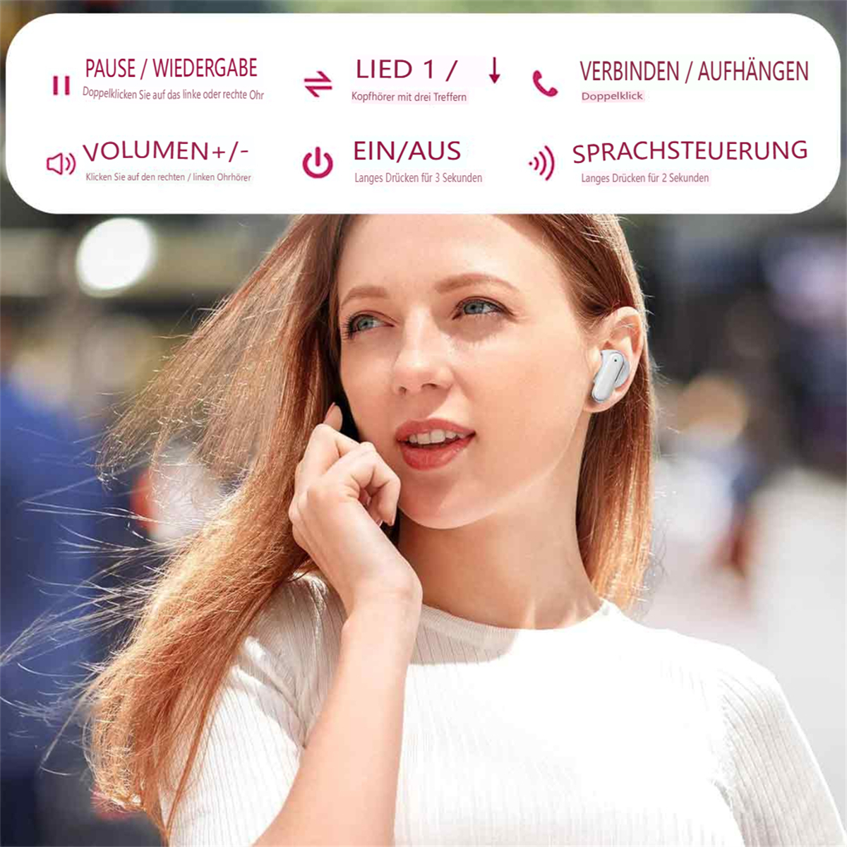Eine Frau mit weißen Ohrhörern telefoniert. Text erklärt die Funktionen der Ohrhörer.
