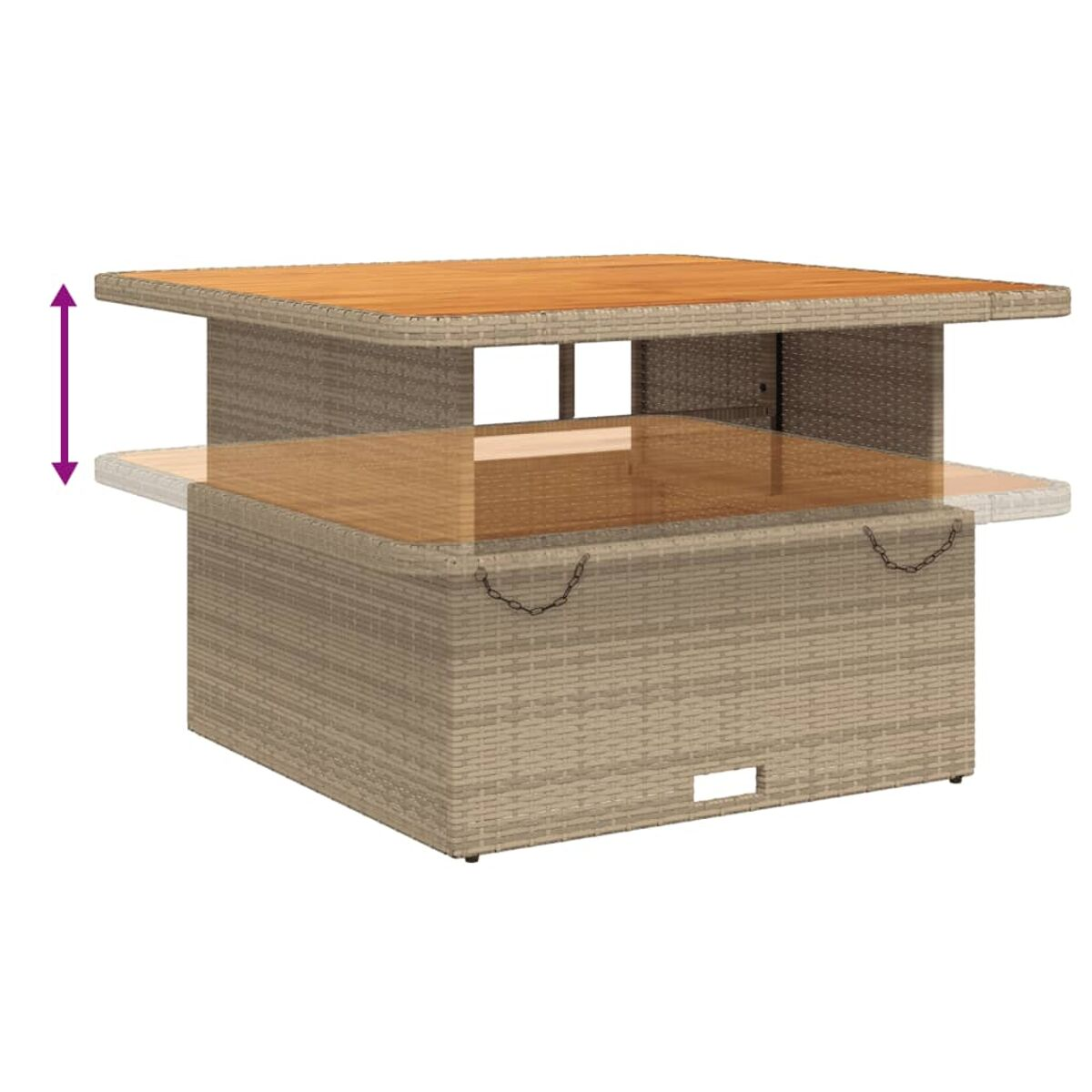 Ein quadratischer Outdoor-Tisch mit anhebbarer Oberseite. Der Tisch ist aus gewebtem Material.