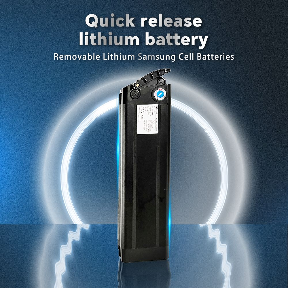 Batteria al litio nera con testo a sgancio rapido. È contro uno sfondo blu sfocato.