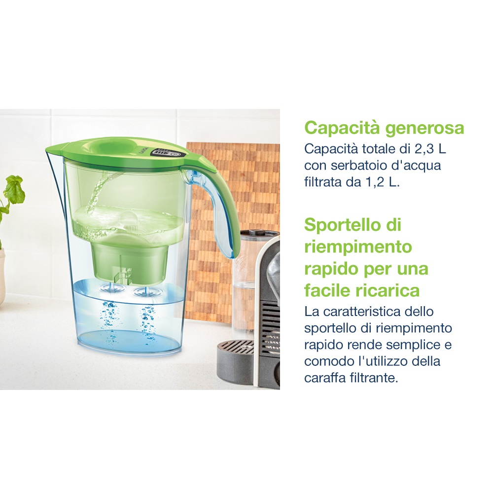 Zielony dzbanek filtrujący wodę. Tekst po włosku o dzbanku i jego cechach.