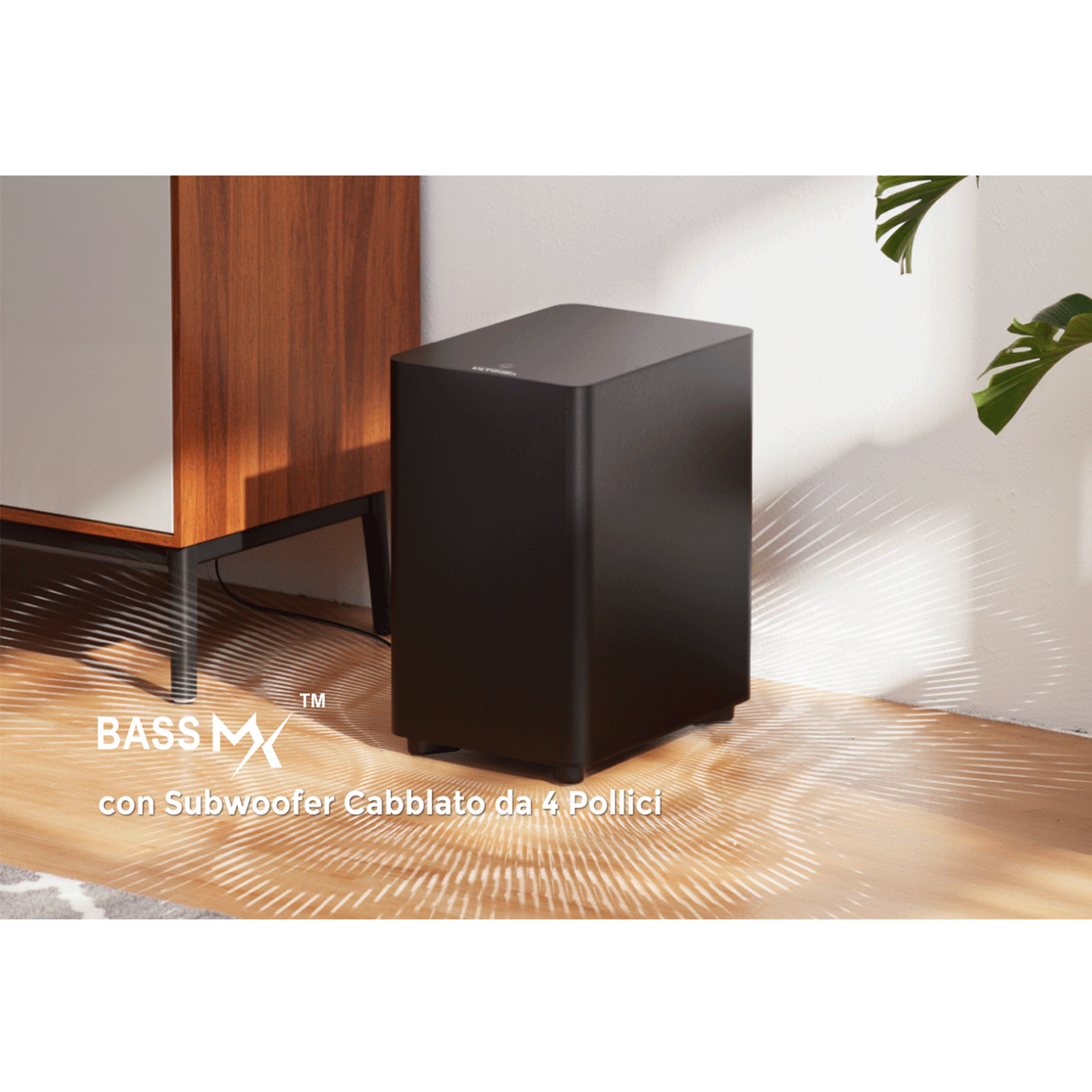 Subwoofer nero con testo. Stanza con mobile in legno e pianta.