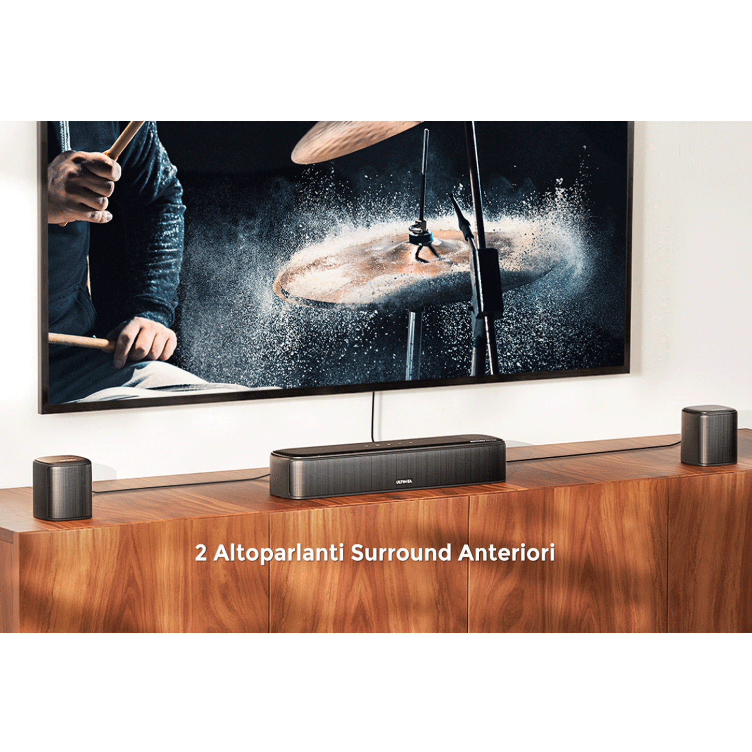 Soundbar con due altoparlanti surround.