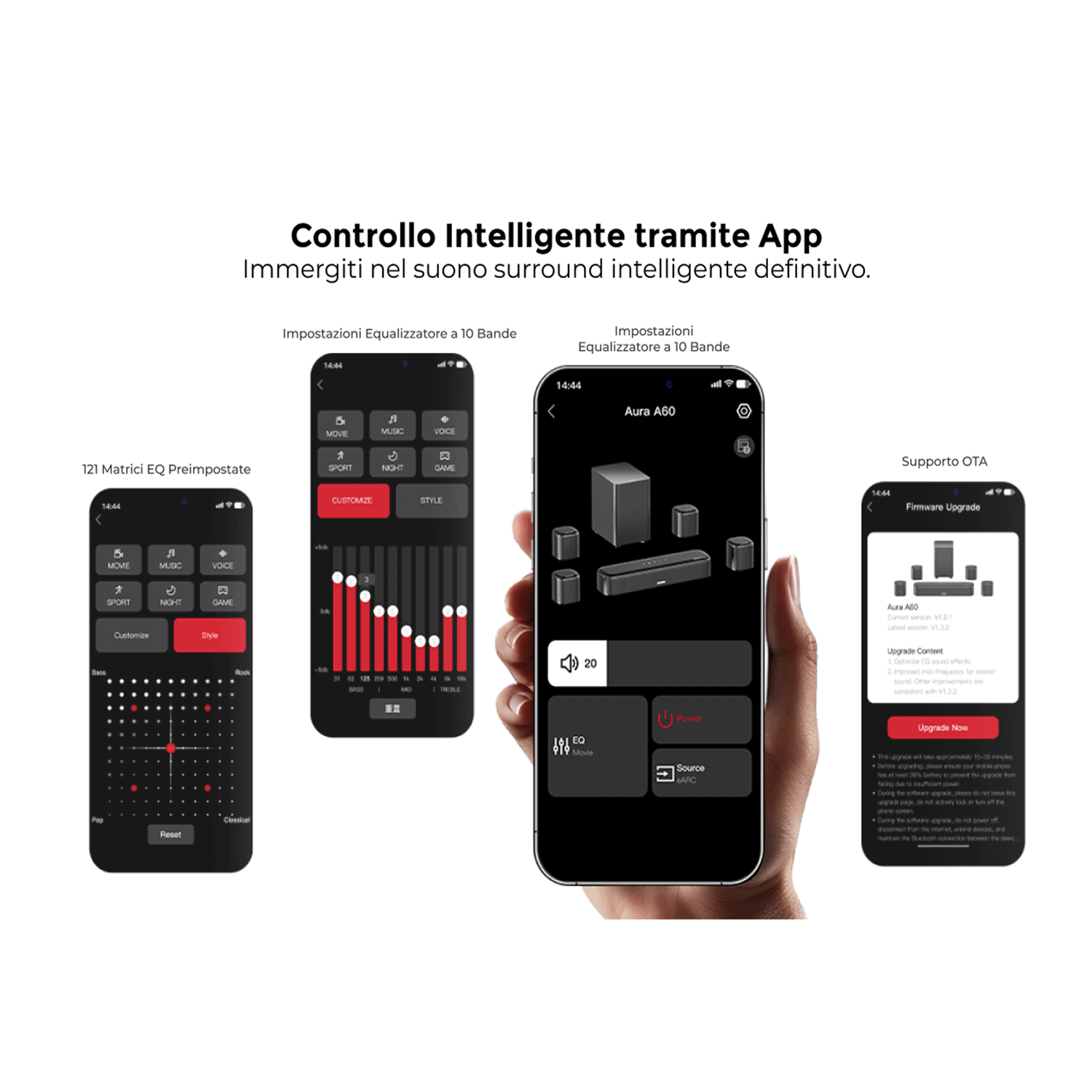 Quattro schermate dell'app che mostrano impostazioni e aggiornamenti per un sistema audio.