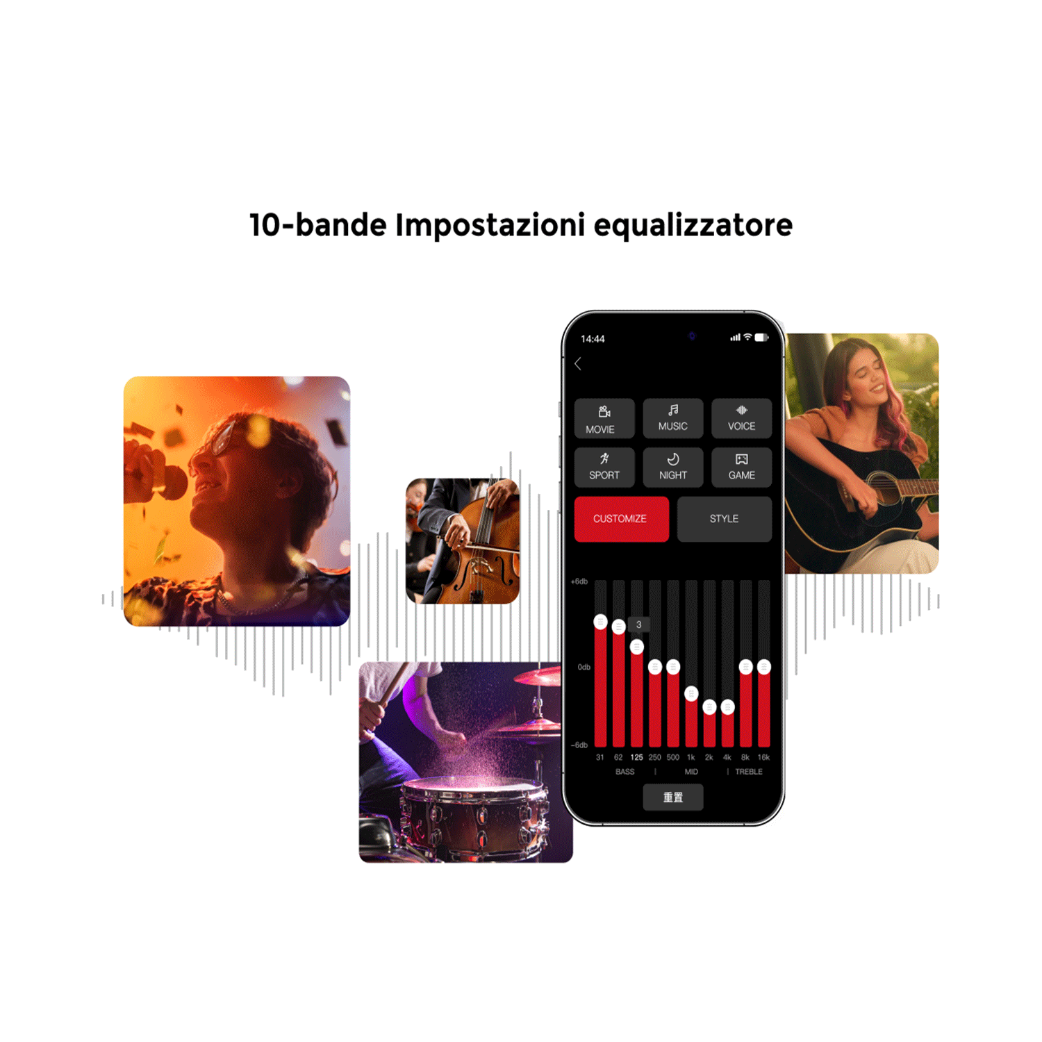 App impostazioni EQ. Diverse immagini di musicisti e un grafico equalizzatore visivo con impostazioni.