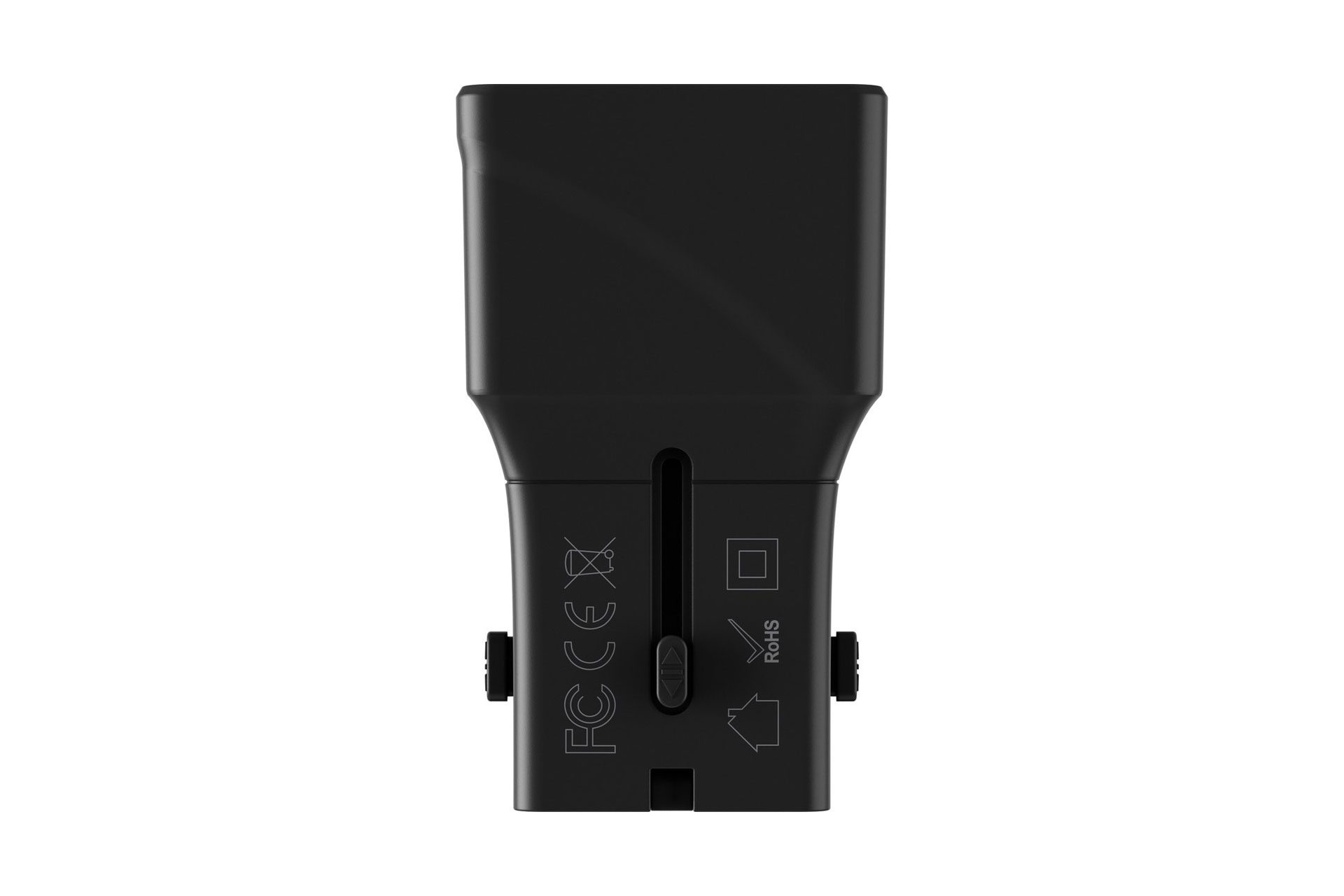 Schwarzes elektronisches Gerät, Rückansicht. Hat verschiedene Symbole und Text, einschließlich FCC- und CE-Zeichen.