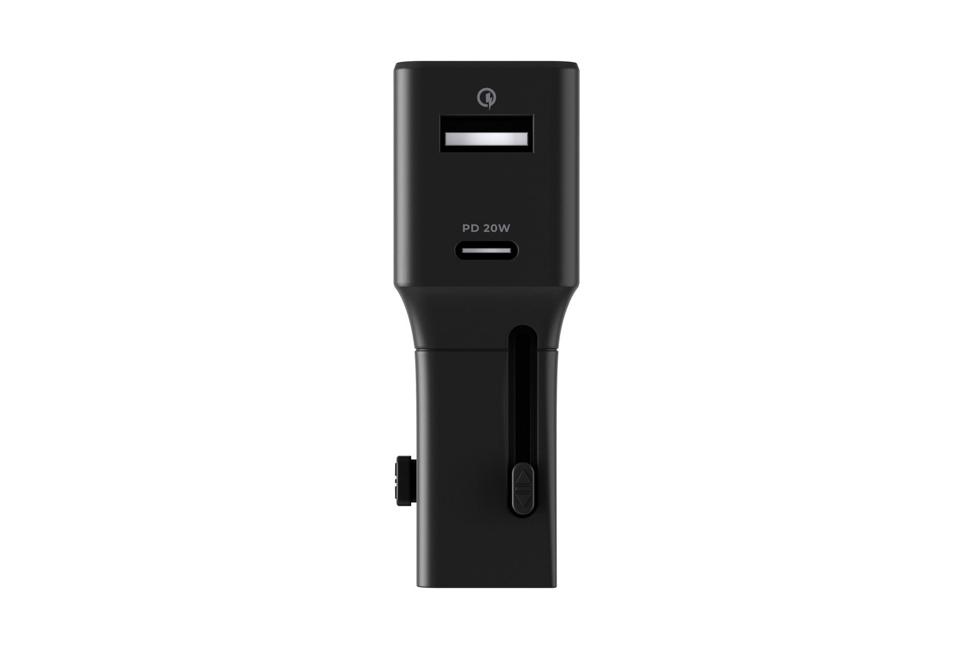 Ein schwarzes Autoladegerät mit USB- und USB-C-Anschluss und einem Knopf an der Seite.