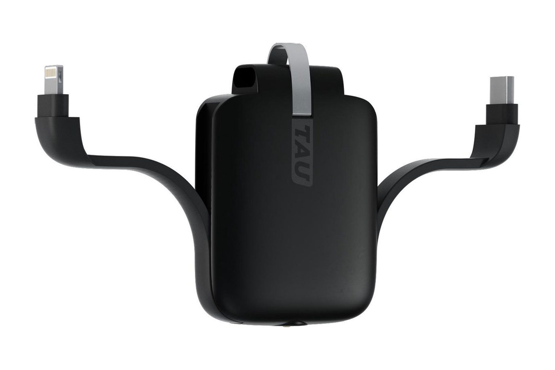 Zwarte draagbare oplader met meerdere poorten en een handvat. Hij heeft een Lightning- en een USB-C-connector.