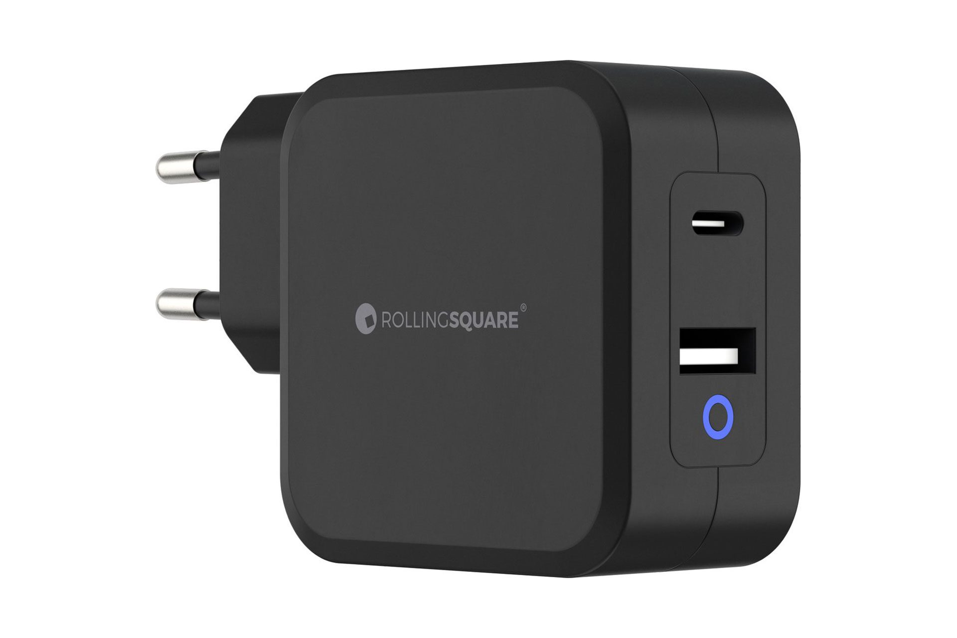 Een zwarte oplader met USB- en USB-C-poorten. Het merk is ROLLINGSQUARE.