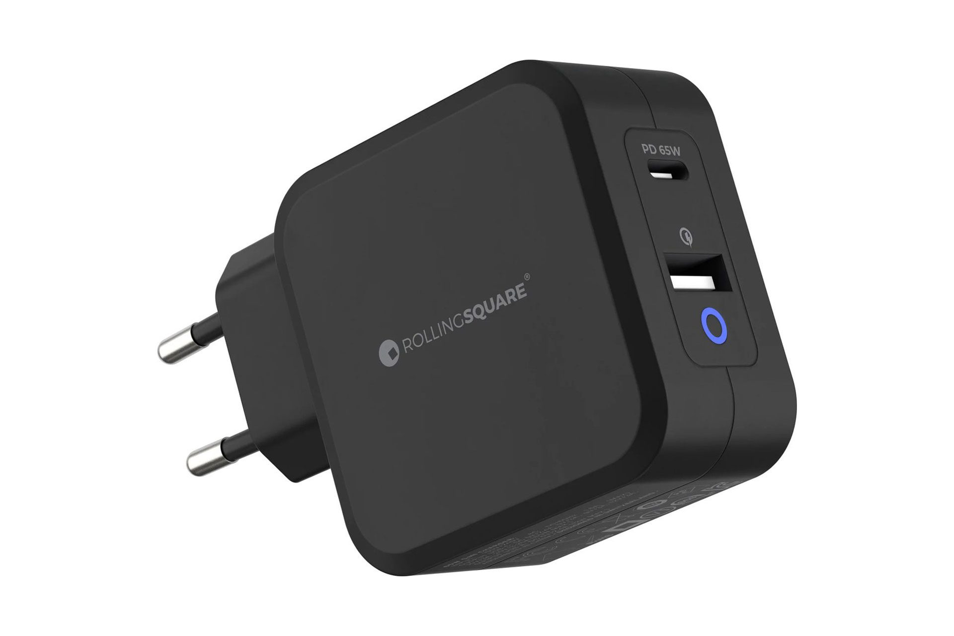 Zwarte voedingsadapter met twee USB-poorten en een USB-C-poort. Het logo zegt 'Rolling Square'.