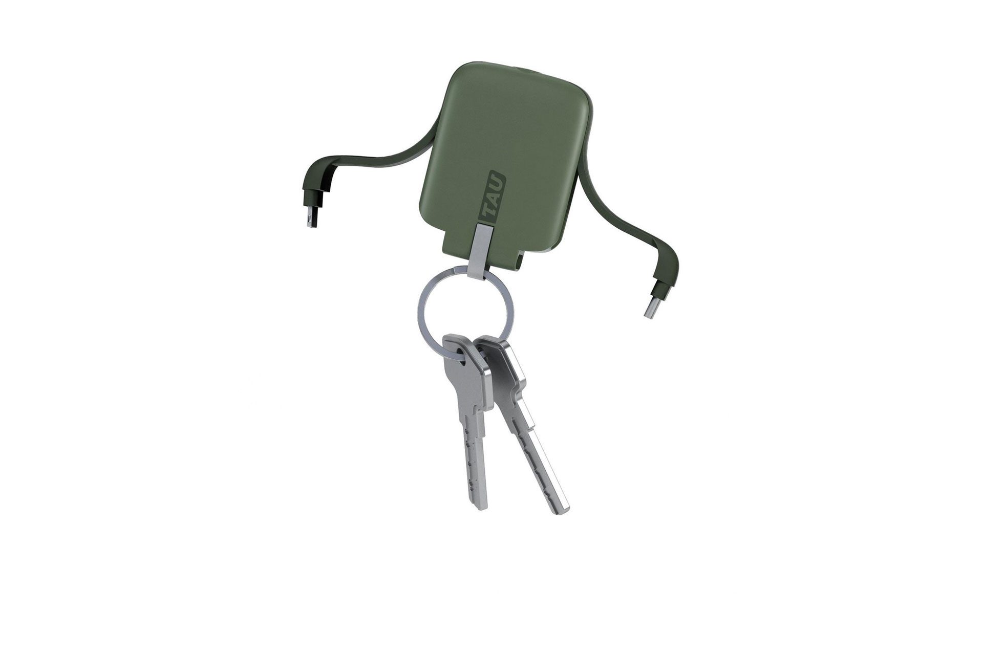 Een groene, vierkante powerbank met een sleutelhanger en twee sleutels eraan.