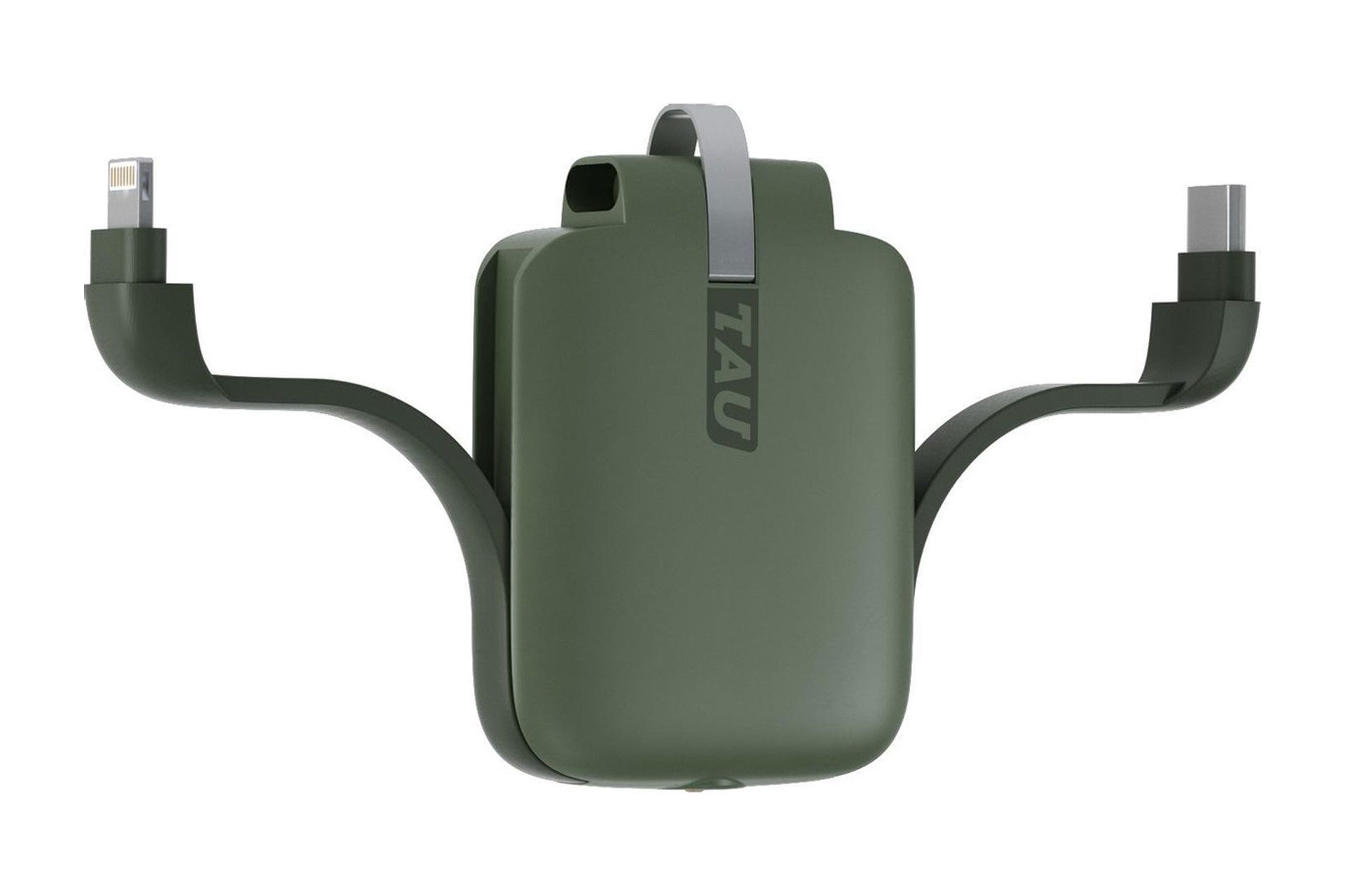 Groene draagbare oplader met meerdere connectoren. 'TAU' merknaam zichtbaar.