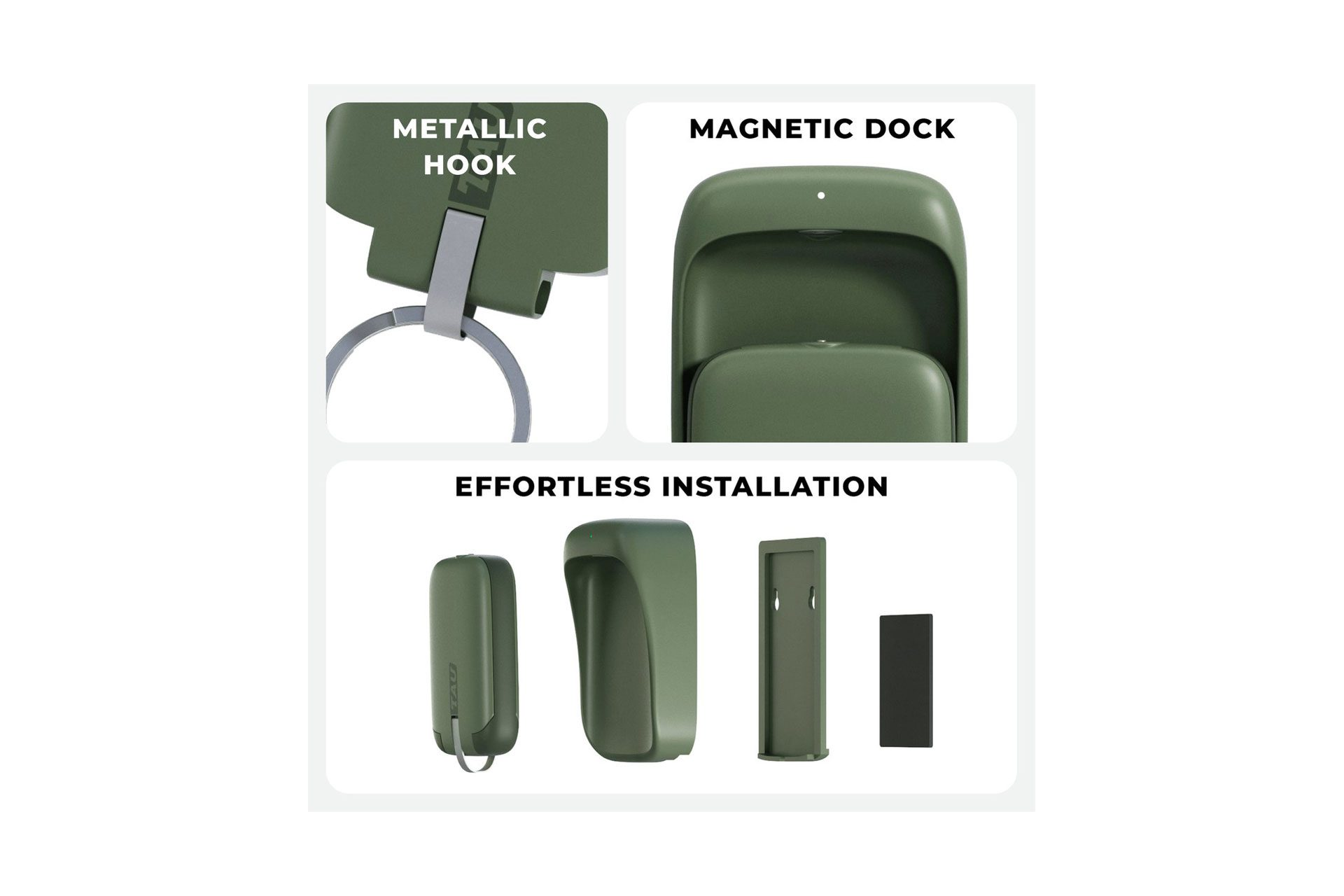 Details van een groene metalen haak, een magnetisch dockingstation en andere installatiecomponenten.
