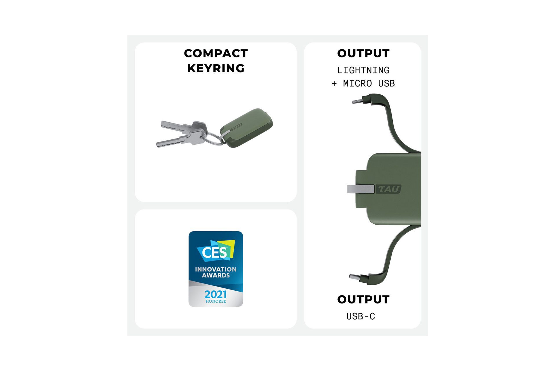 Sleutelhanger, sleutels en een oplaadkabel met USB-C- en lightning-connectoren.