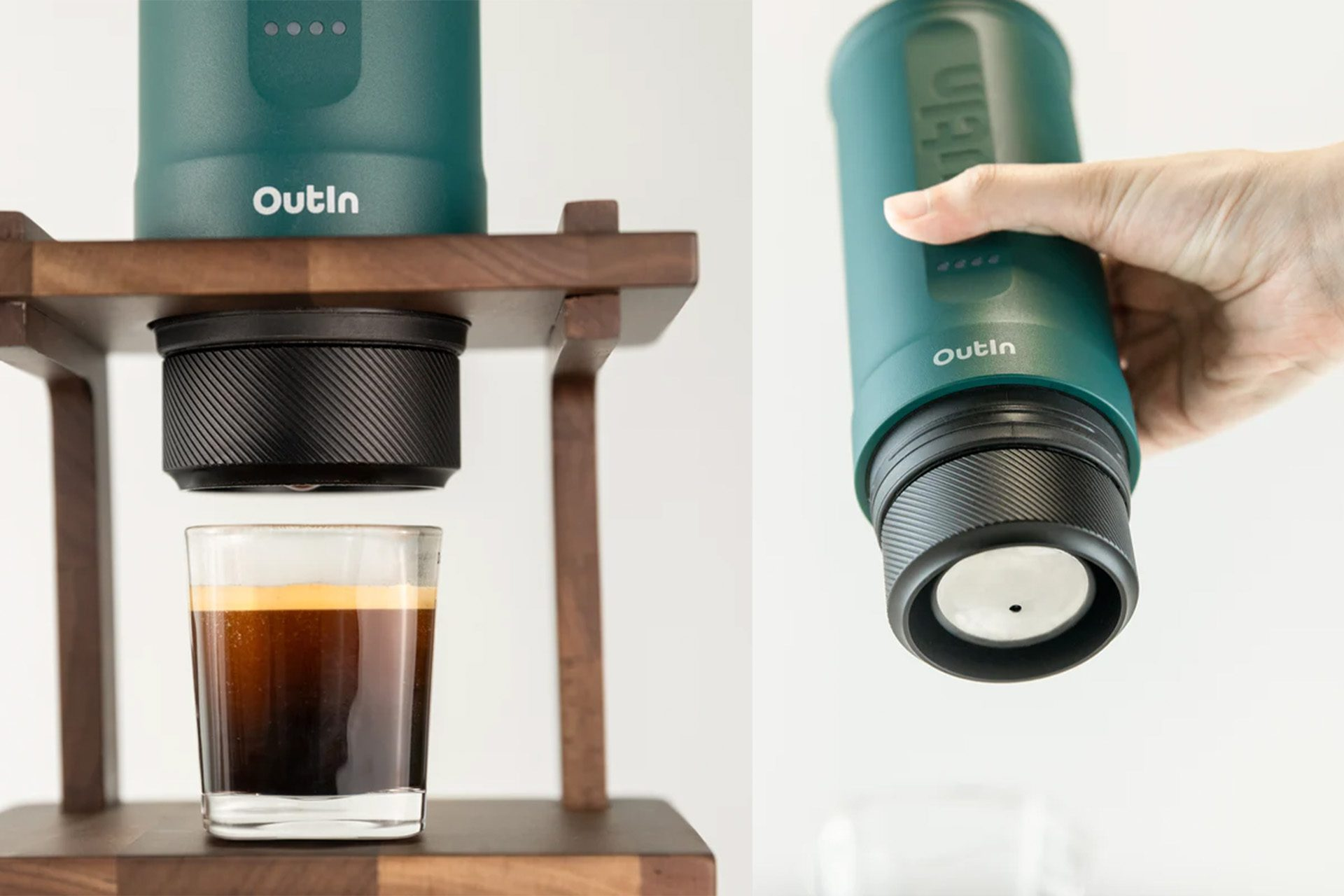 Ekspres do kawy parzący kawę do szklanki. Ręka trzyma maszynę.