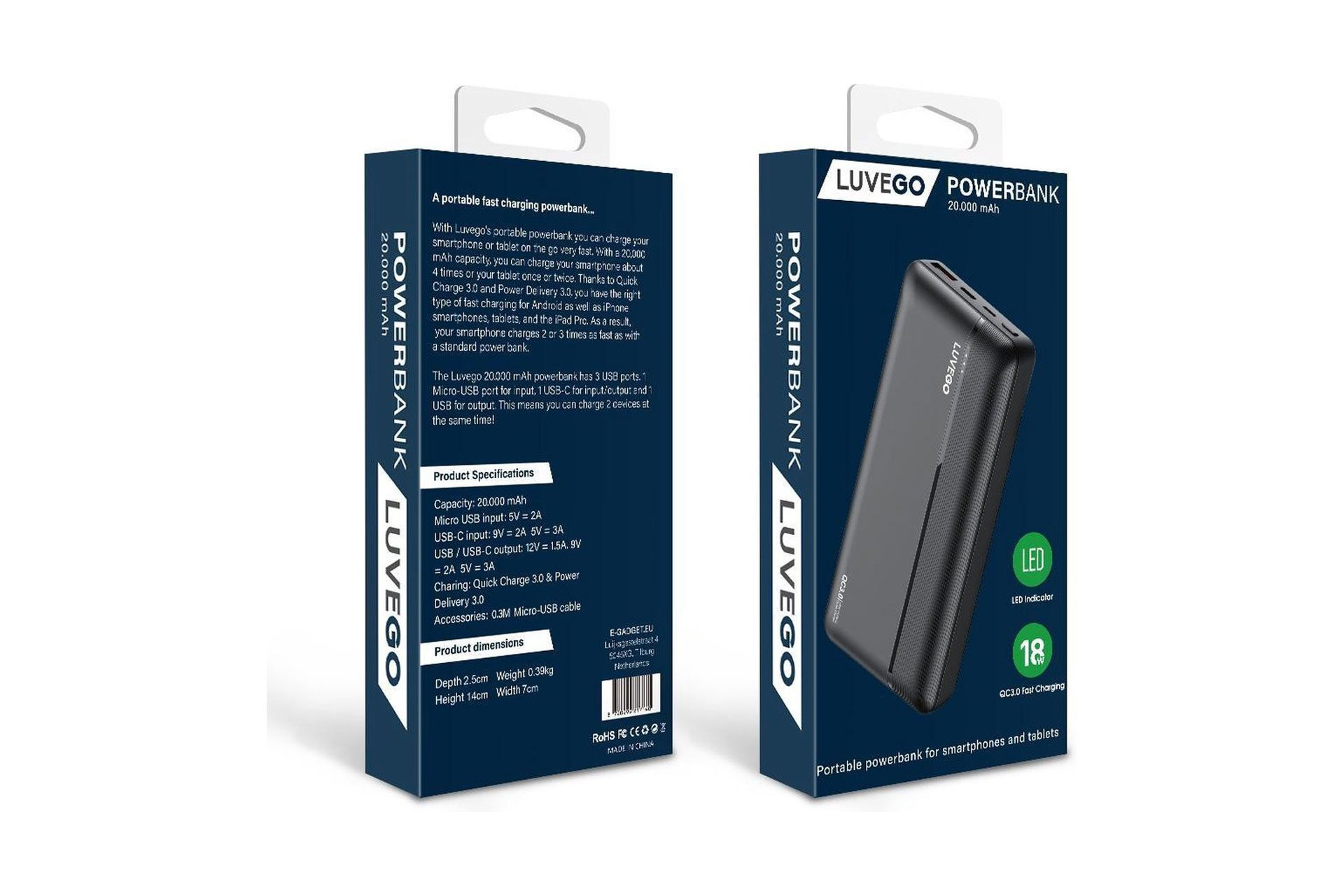 Zwei Powerbank-Boxen. Links Text, rechts eine schwarze Powerbank mit LED-Anzeige.