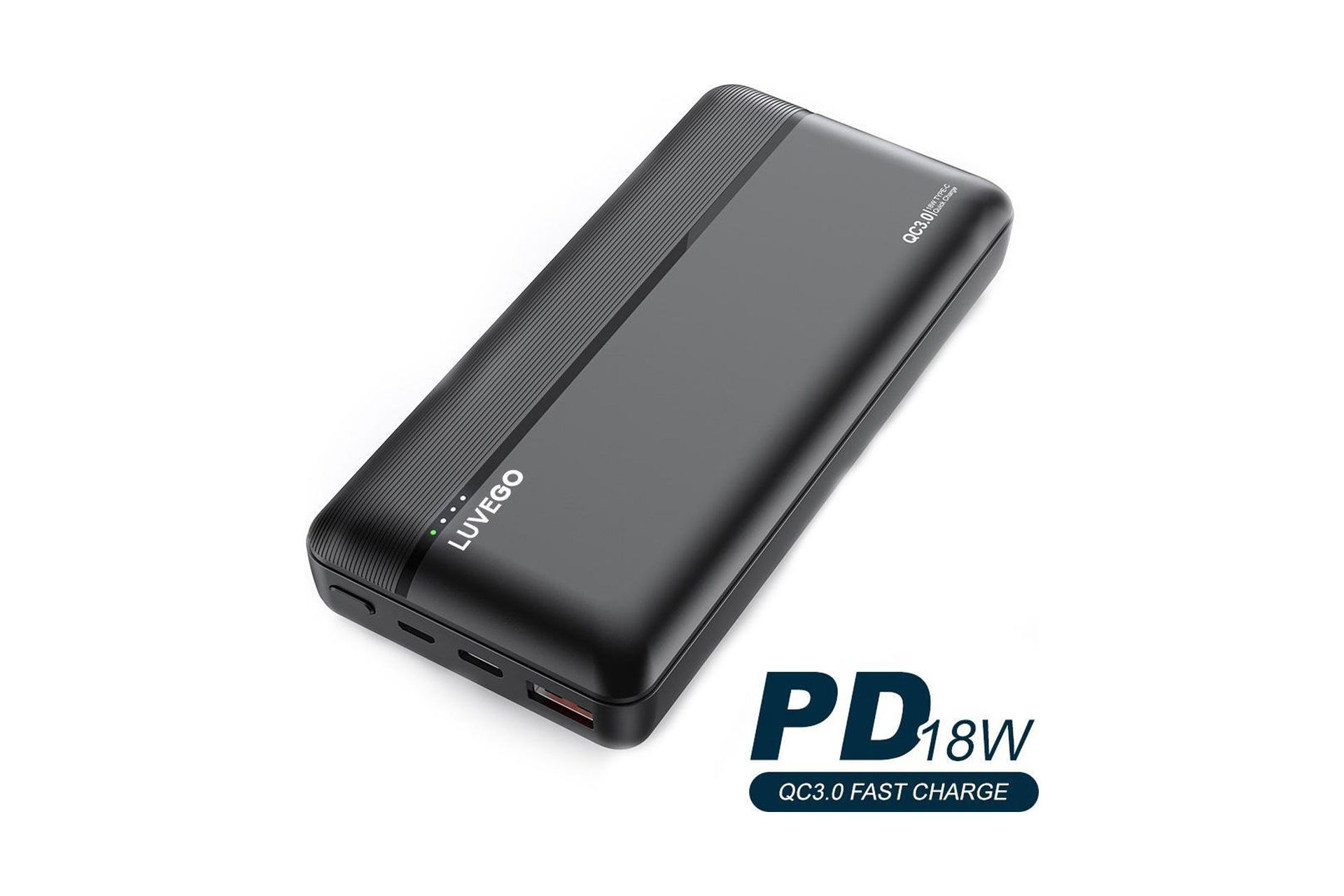 Eine schwarze Powerbank. Text sagt 'PD 18W' und 'QC3.0 FAST CHARGE'.