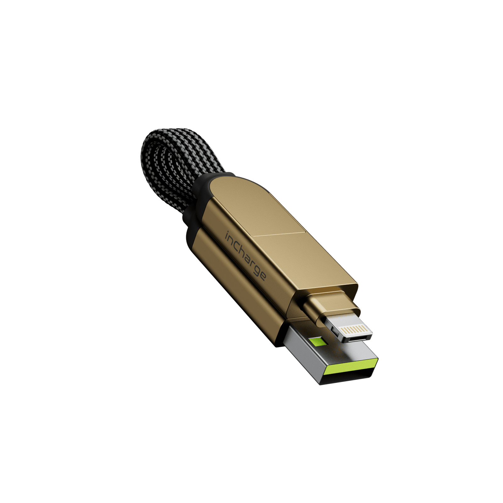Gouden USB-oplaadkabel met een zwart-grijs gevlochten kabeluiteinde.