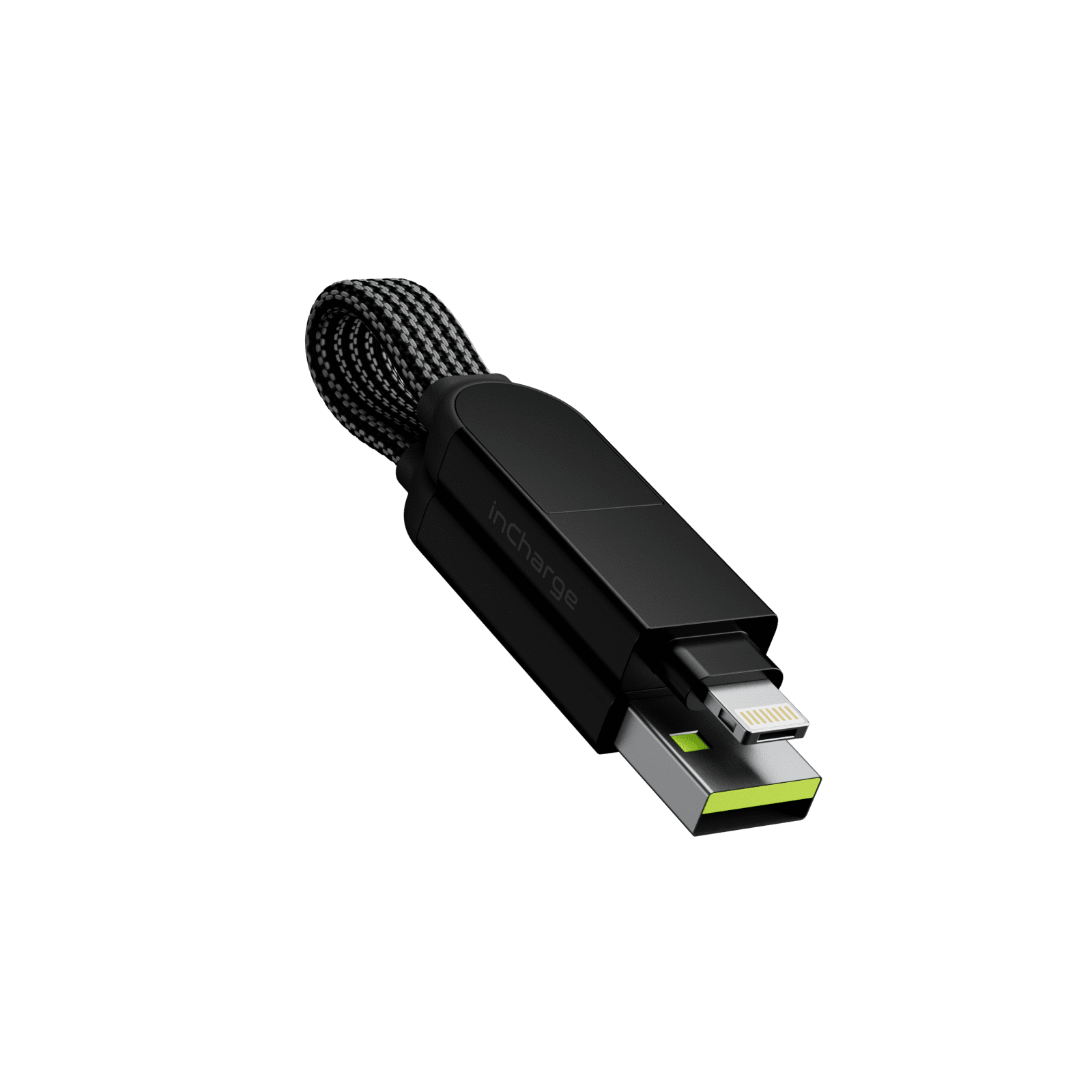 Un câble de charge noir et argent avec un connecteur USB et lightning.