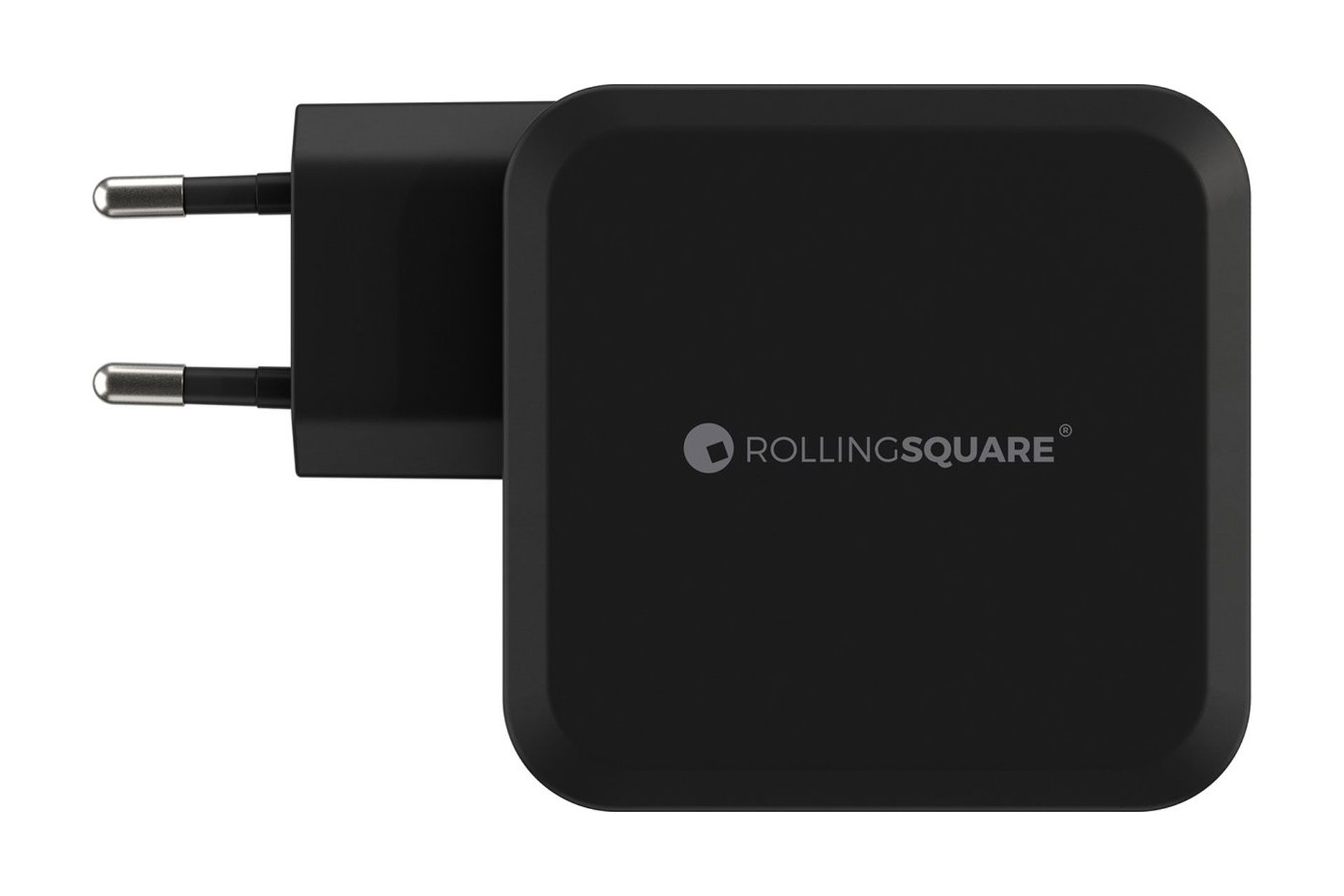 Een zwarte Rolling Square-oplader met het Rolling Square-logo op een witte achtergrond.
