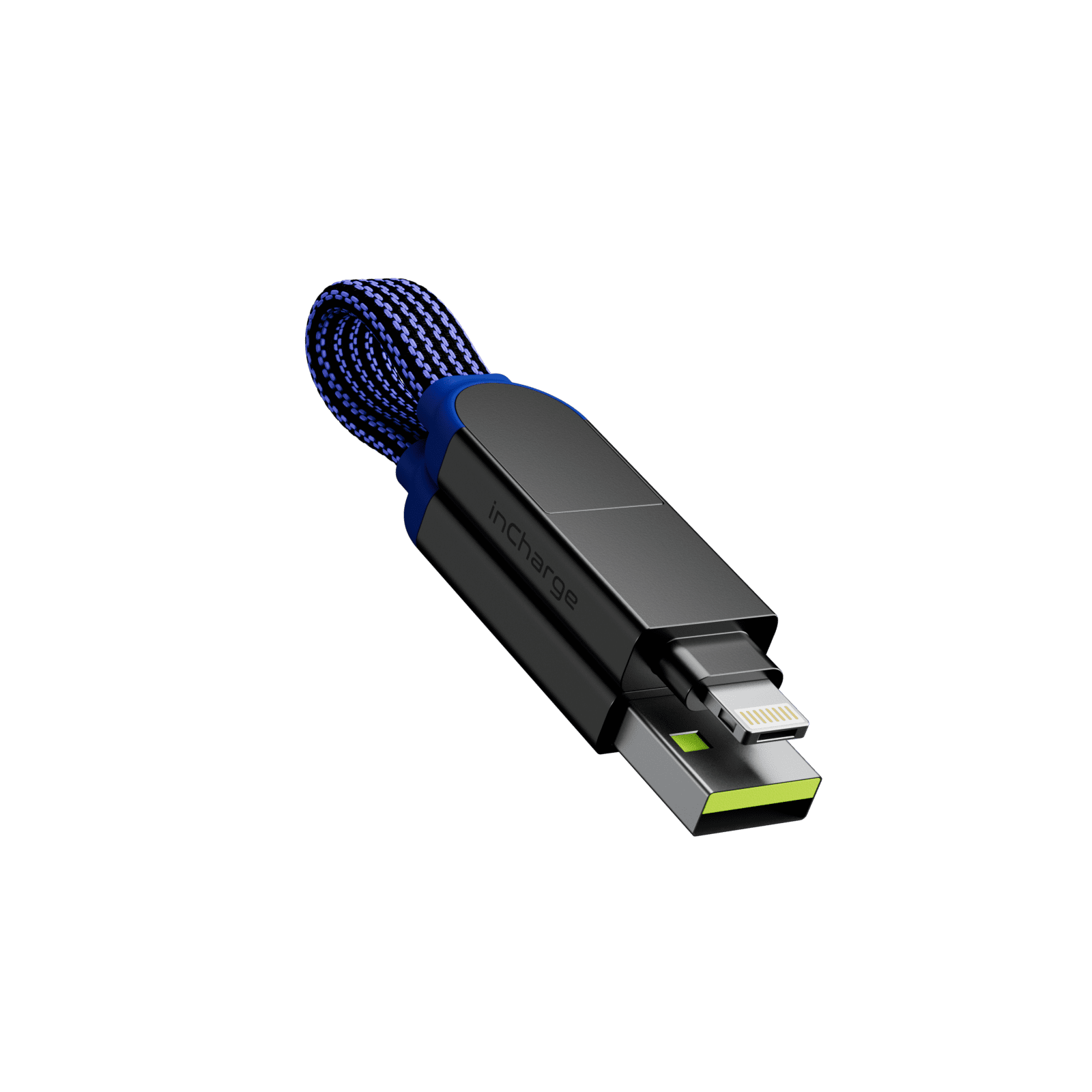Zwart-blauwe oplaadkabel met meerdere connectoren. De kabel staat op een donkerblauwe achtergrond.