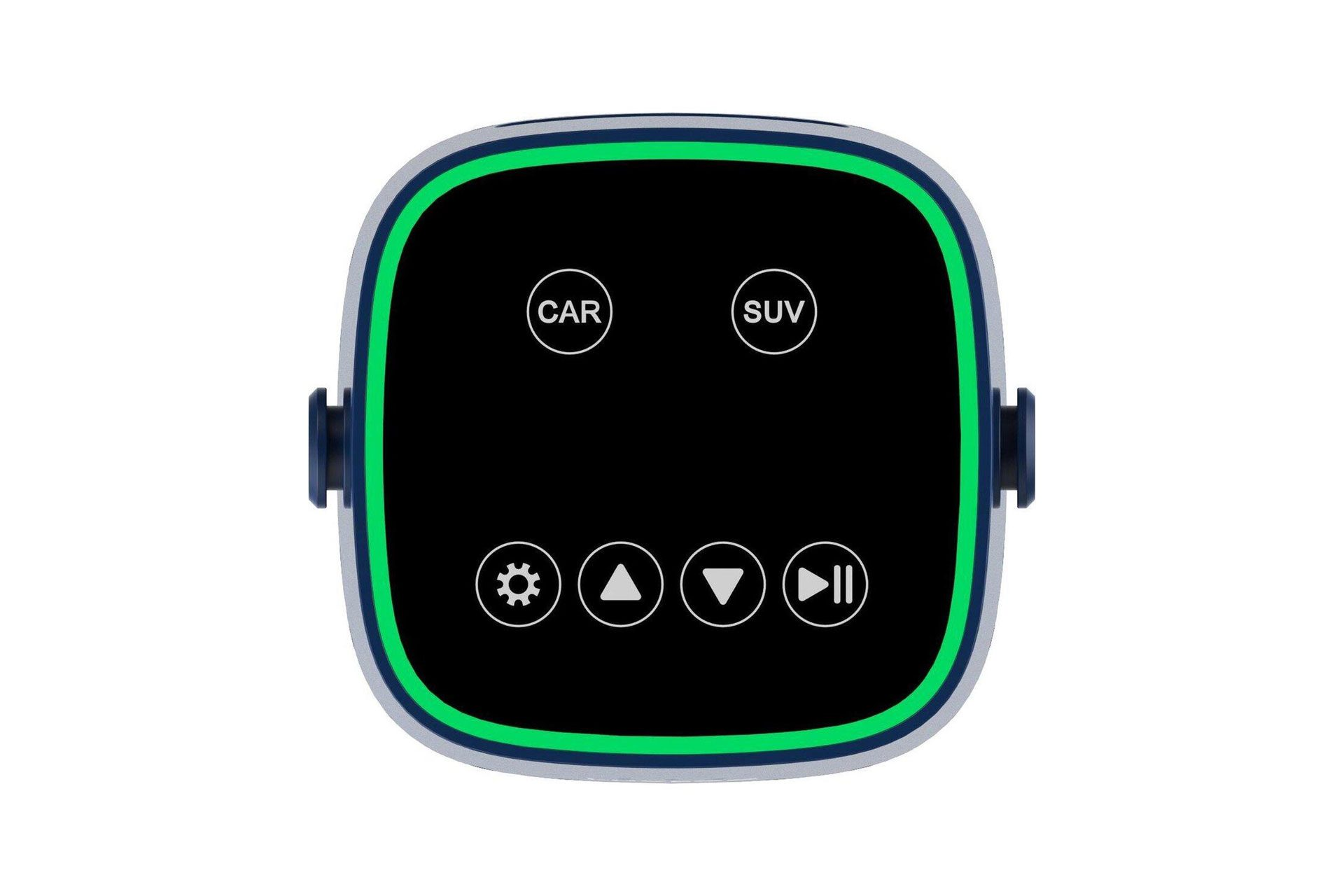 Zwart apparaat met groene omtrek. Het heeft knoppen met iconen: auto, SUV, tandwiel, omhoog, omlaag en afspelen.