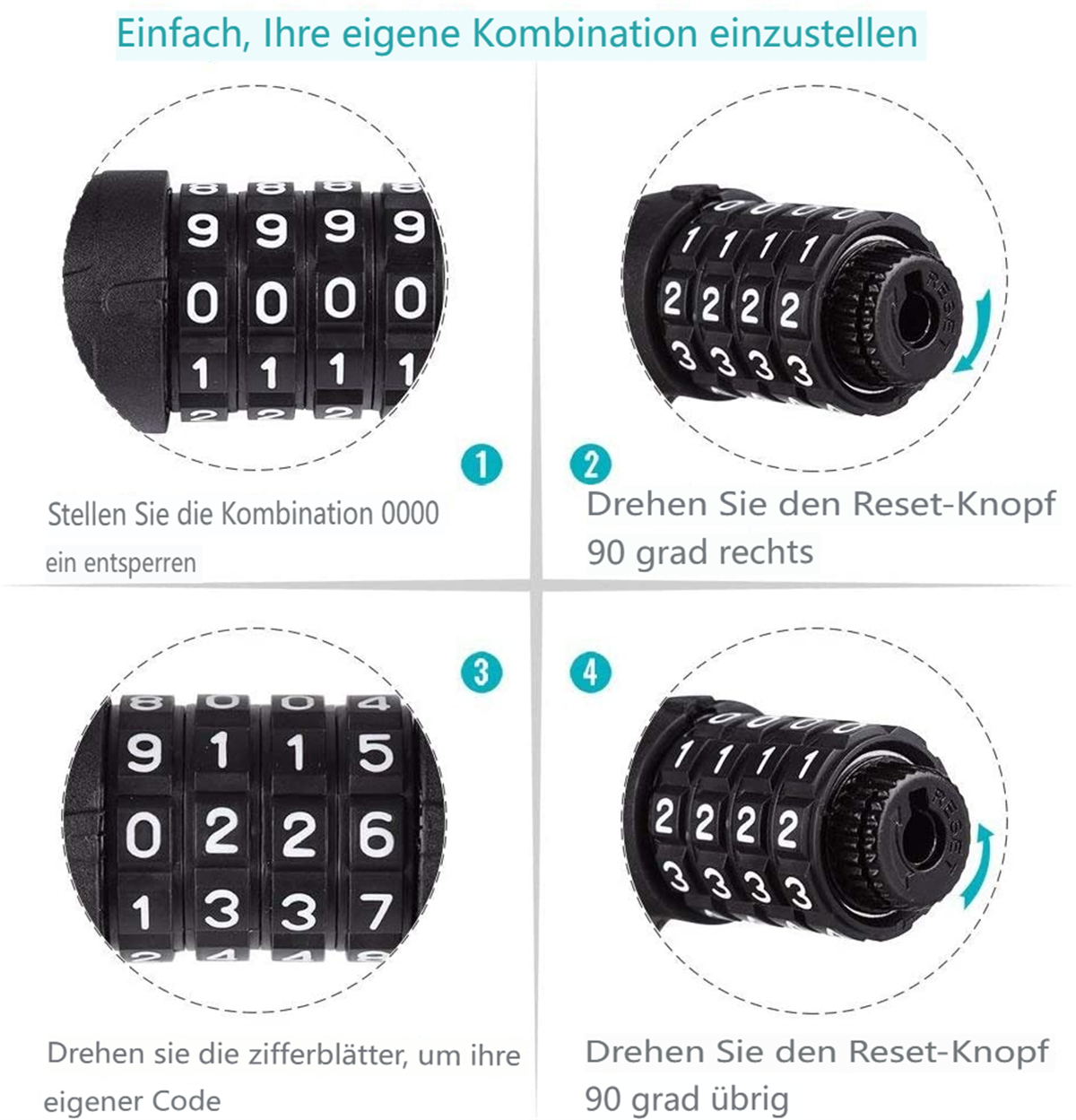 Anweisungen zum Einstellen eines Kombinationsschlosses, die Schritte mit Zahlen und Pfeilen zeigen.
