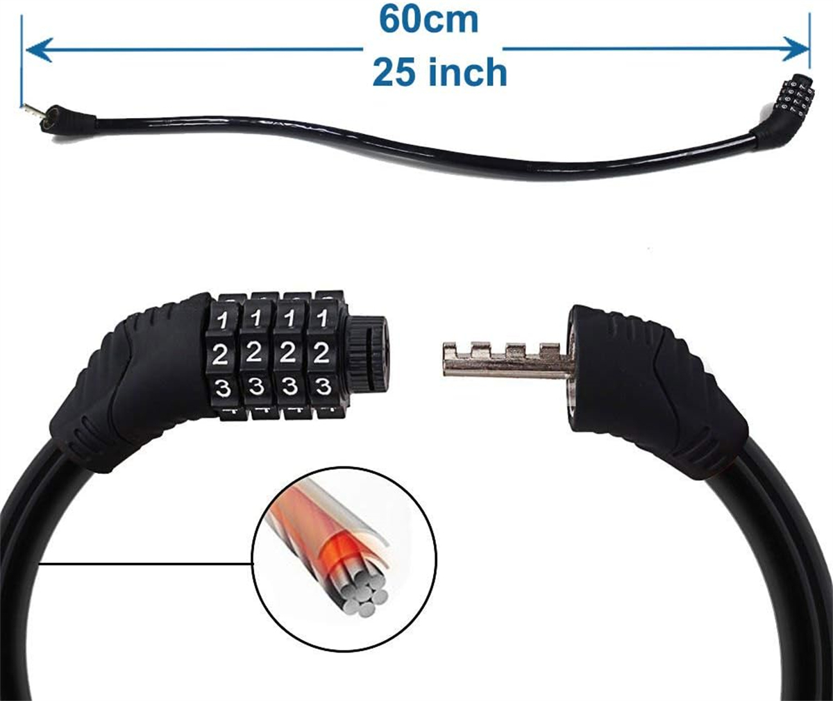 Schwarzes Kabelschloss mit Code und Schlüsselloch. Das Kabel zeigt die inneren Drähte.