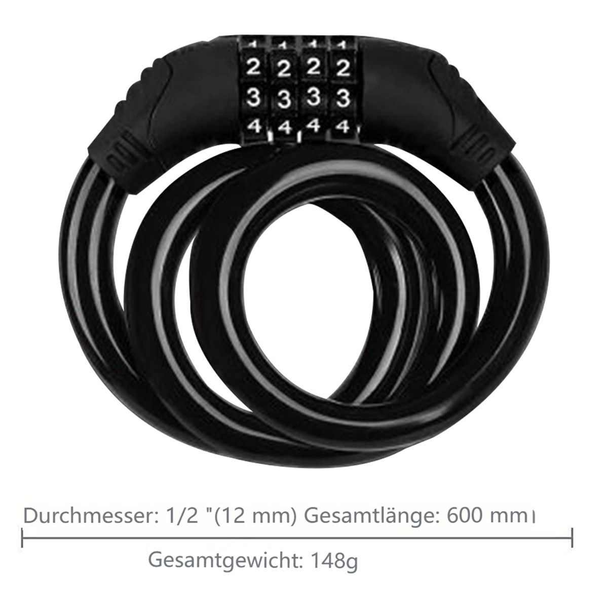 Schwarzes Fahrradschloss in runder Form, mit Zahlenschloss. Text unten gibt Abmessungen an.