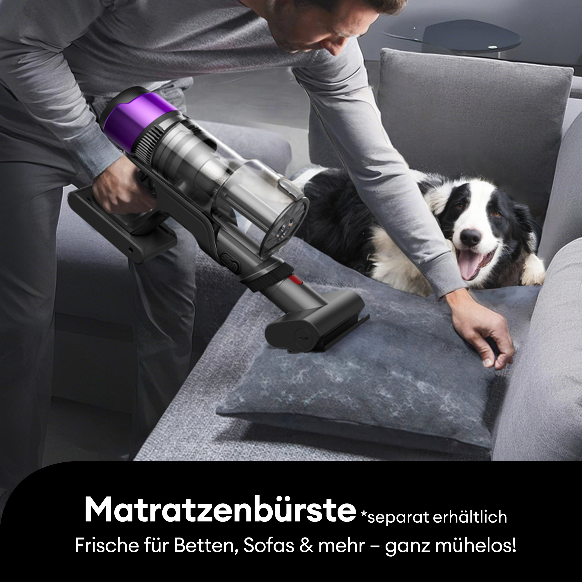 Ein Mann saugt ein Sofa, auf dem ein Hund liegt. Der Staubsauger hat einen violetten Kopf.