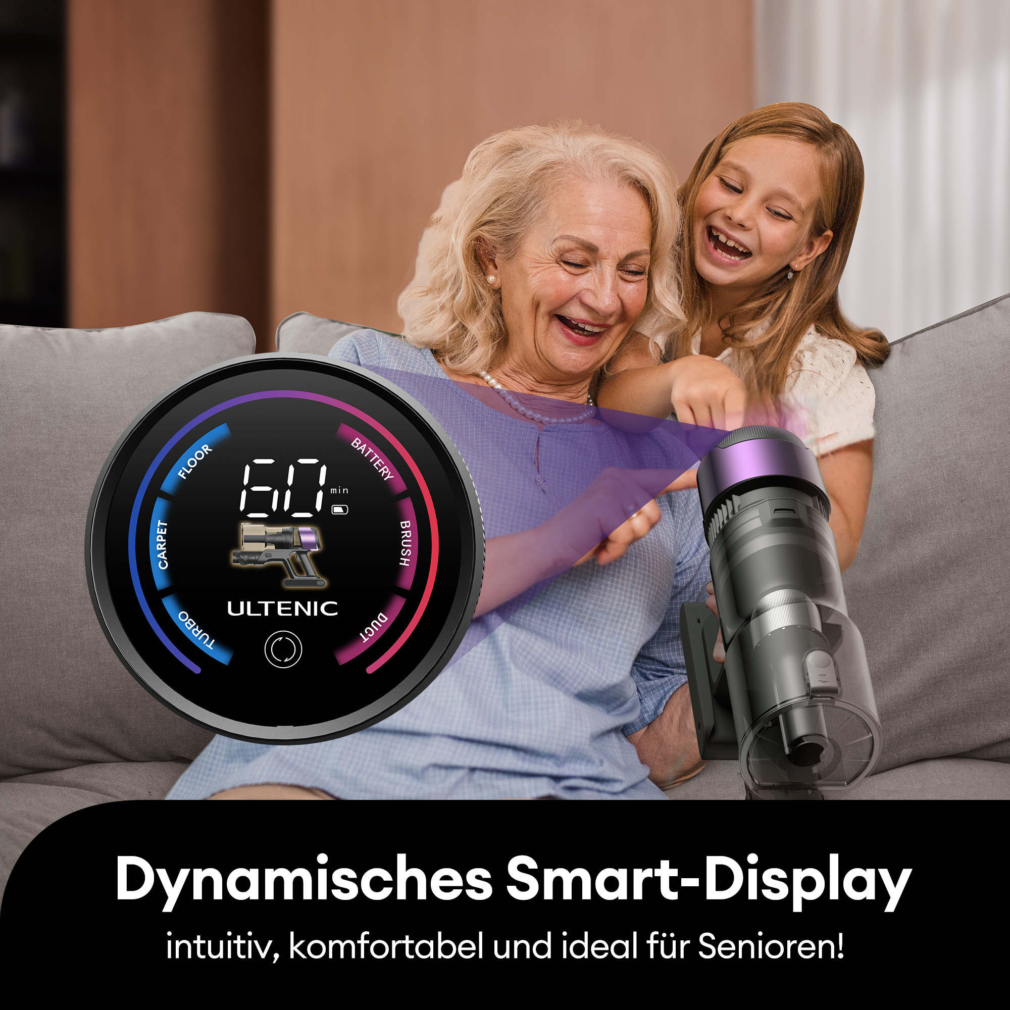 Frau und Mädchen lachen, Staubsauger mit Display. Text: Dynamisches Smart-Display, intuitiv & ideal für Senioren.