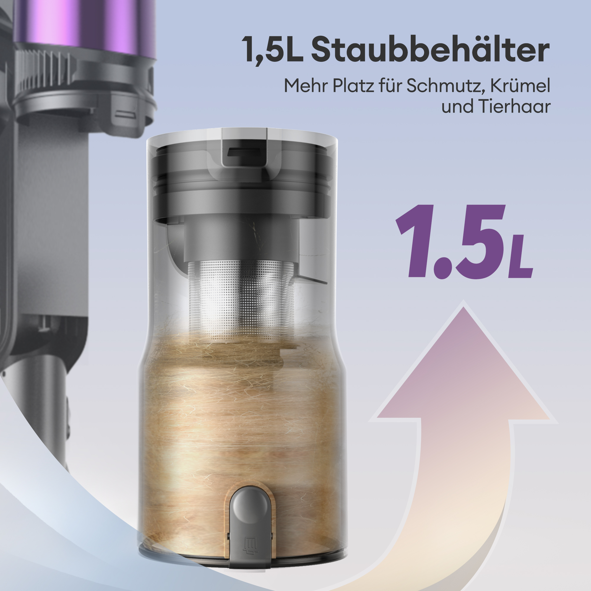 Ein Staubsauger-Staubbehälter mit Text, der die Staubmenge anzeigt, die er aufnehmen kann.