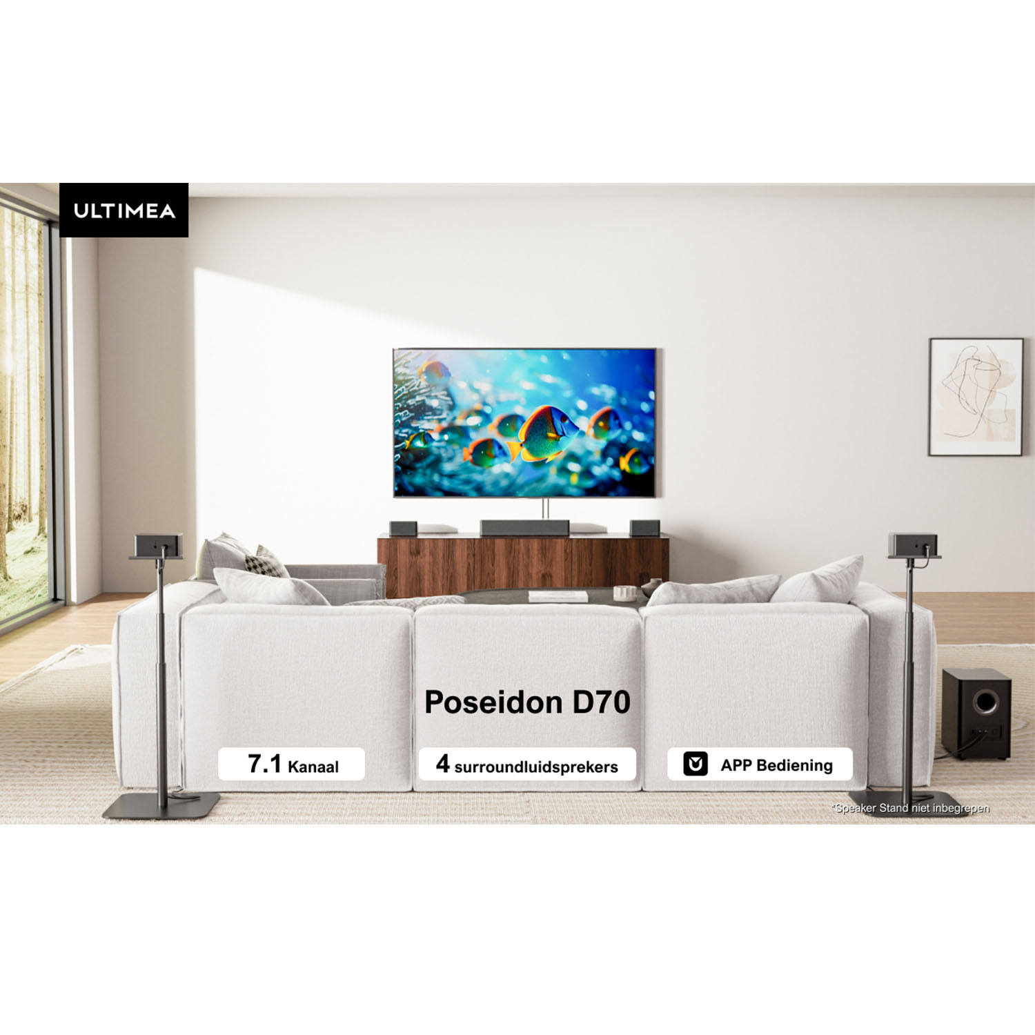 A living room setup with a TV, speakers, and subwoofer. Text says 'Poseidon D70', '7.1 kanaal', and '4 surroundluidsprekers'.