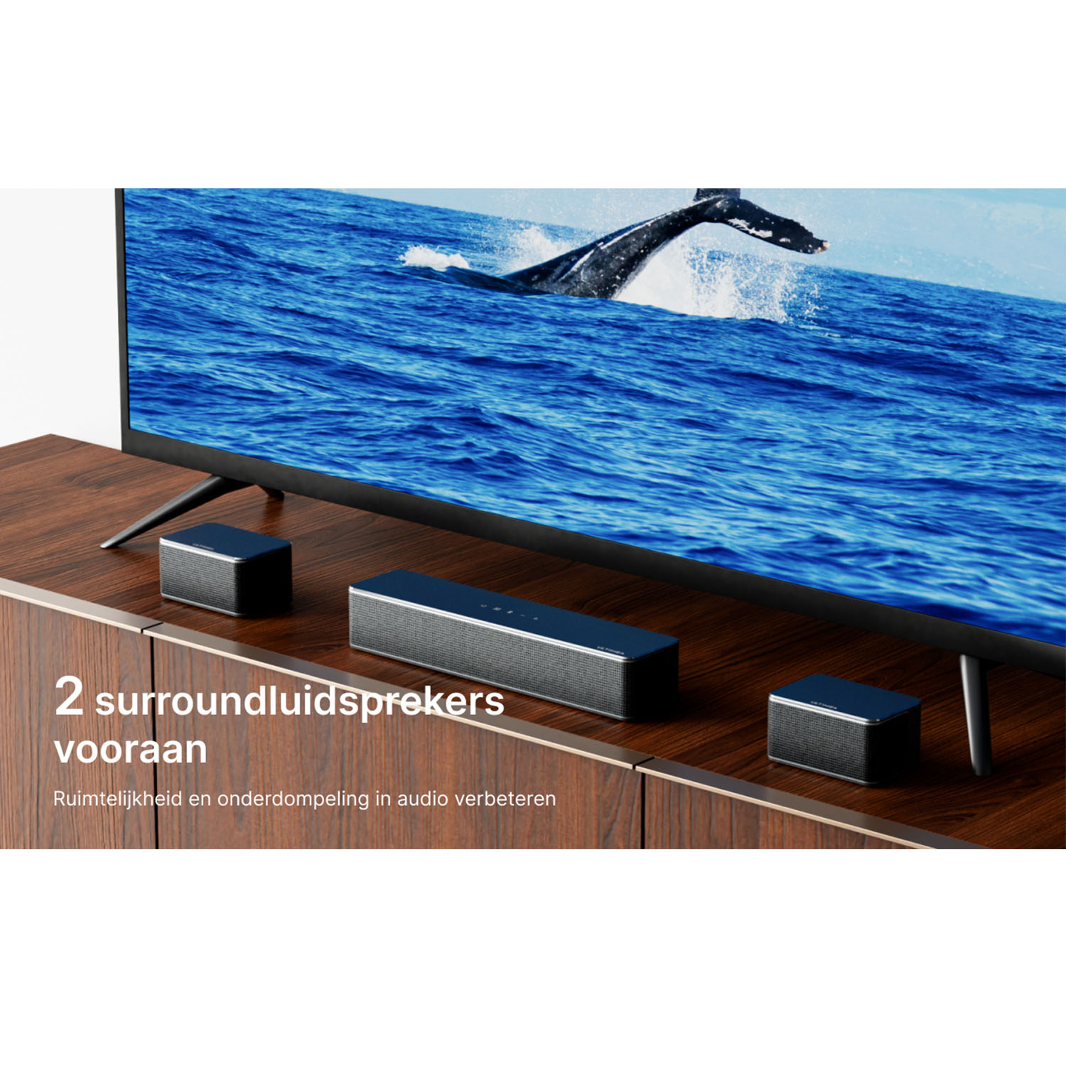 TV with whale image, two surround speakers. Text says: 2 surround speakers, improving audio.