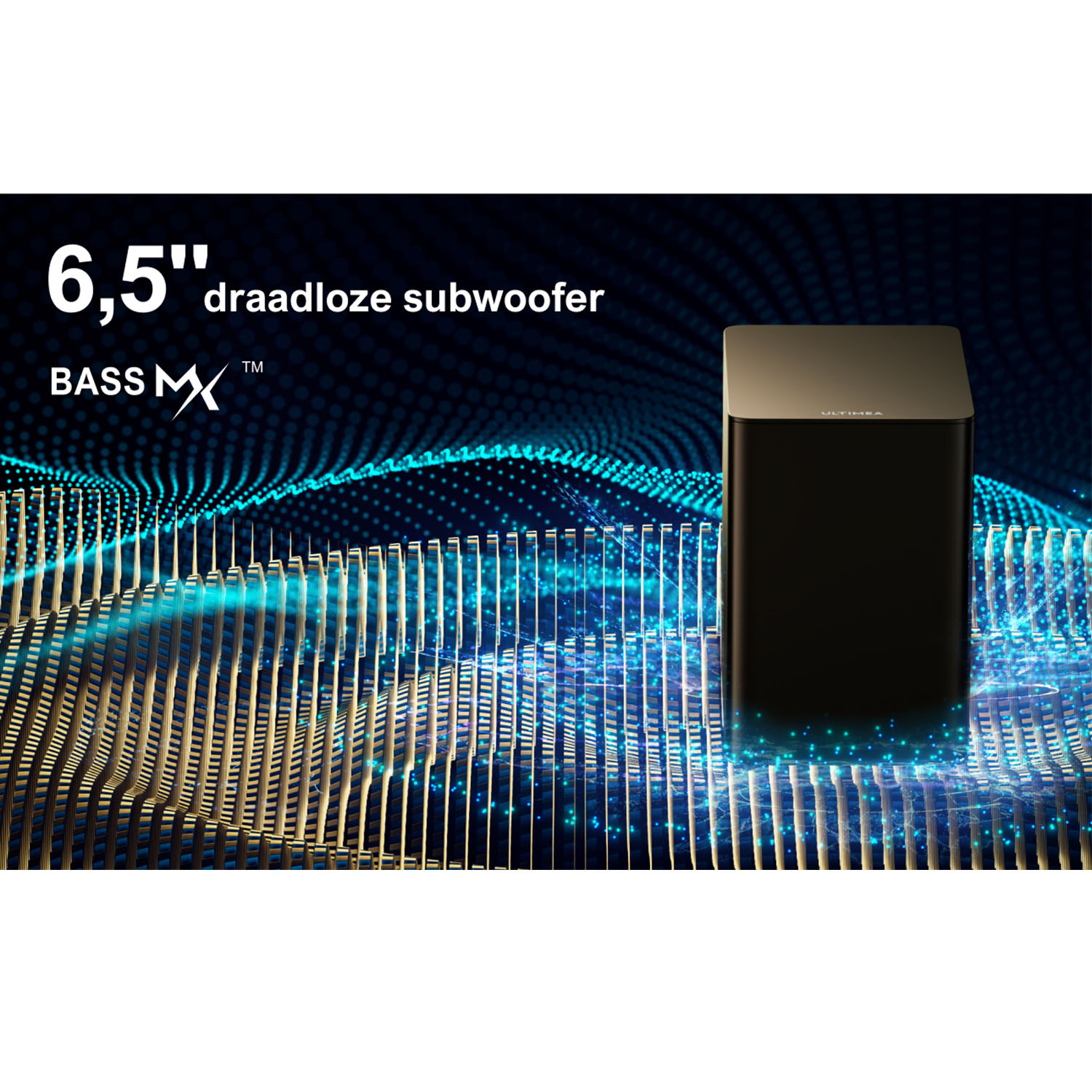 Black wireless subwoofer on digital background. Text says: 6.5" wireless subwoofer, Bass MX.