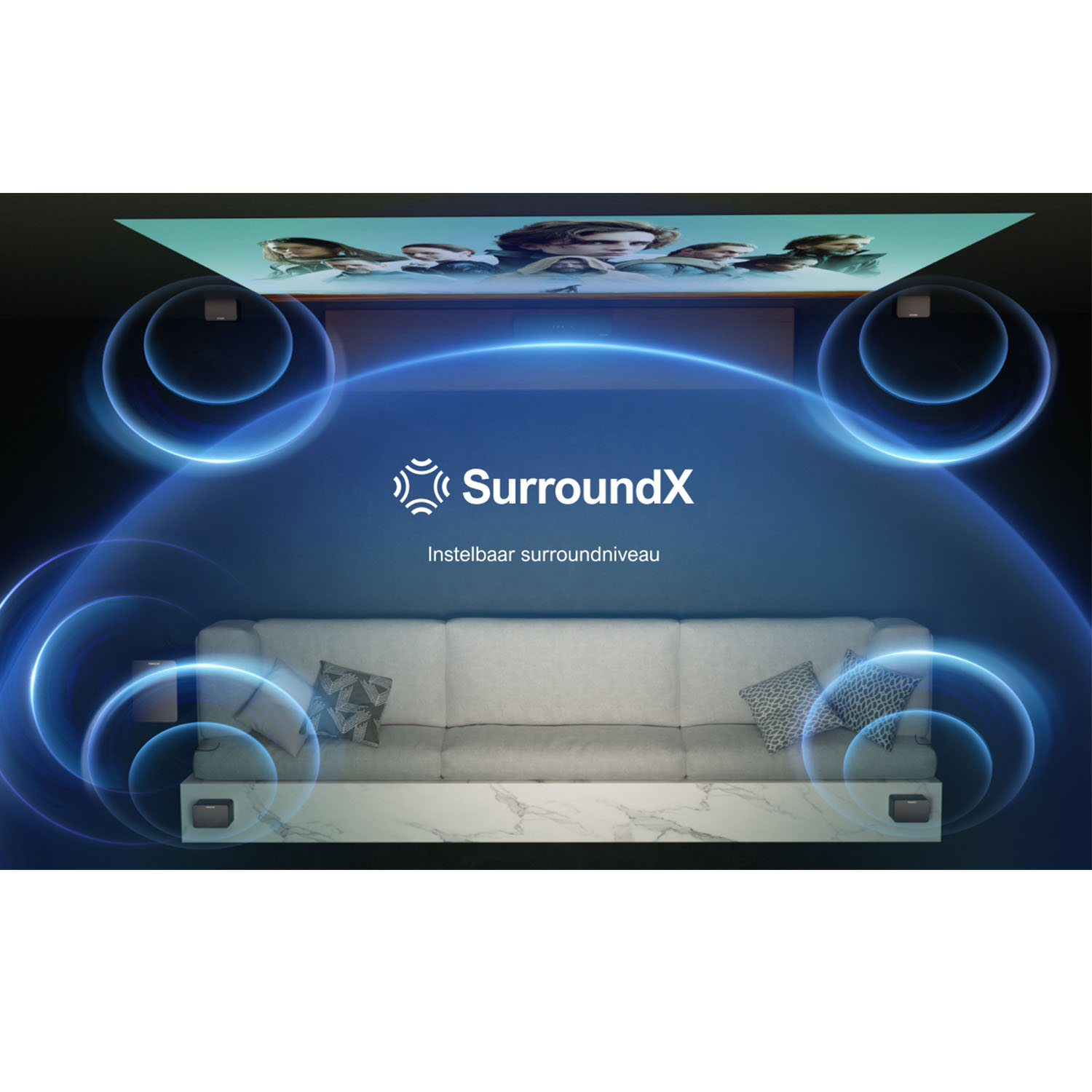 Surround sound diagram showing a couch and speakers. Text says: SurroundX, adjustable surround sound.