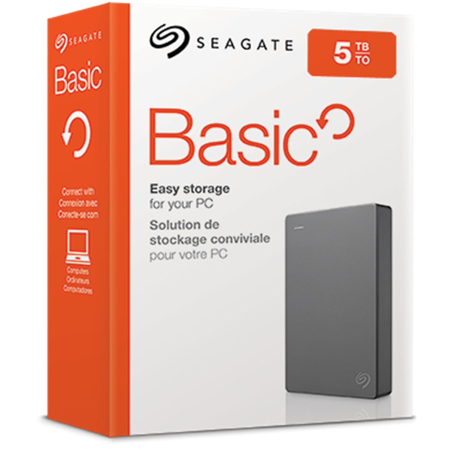 Pudełko dysku twardego zewnętrznego Seagate Basic. Białe pudełko, szary dysk twardy. 5 TB pamięci.