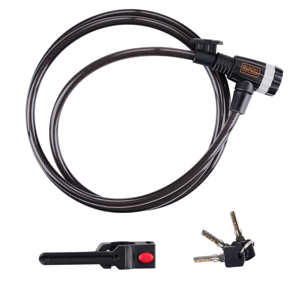 Een zwart kabelslot met een Black+Decker logo, een sleutel en een rode knop op een zwart deel.