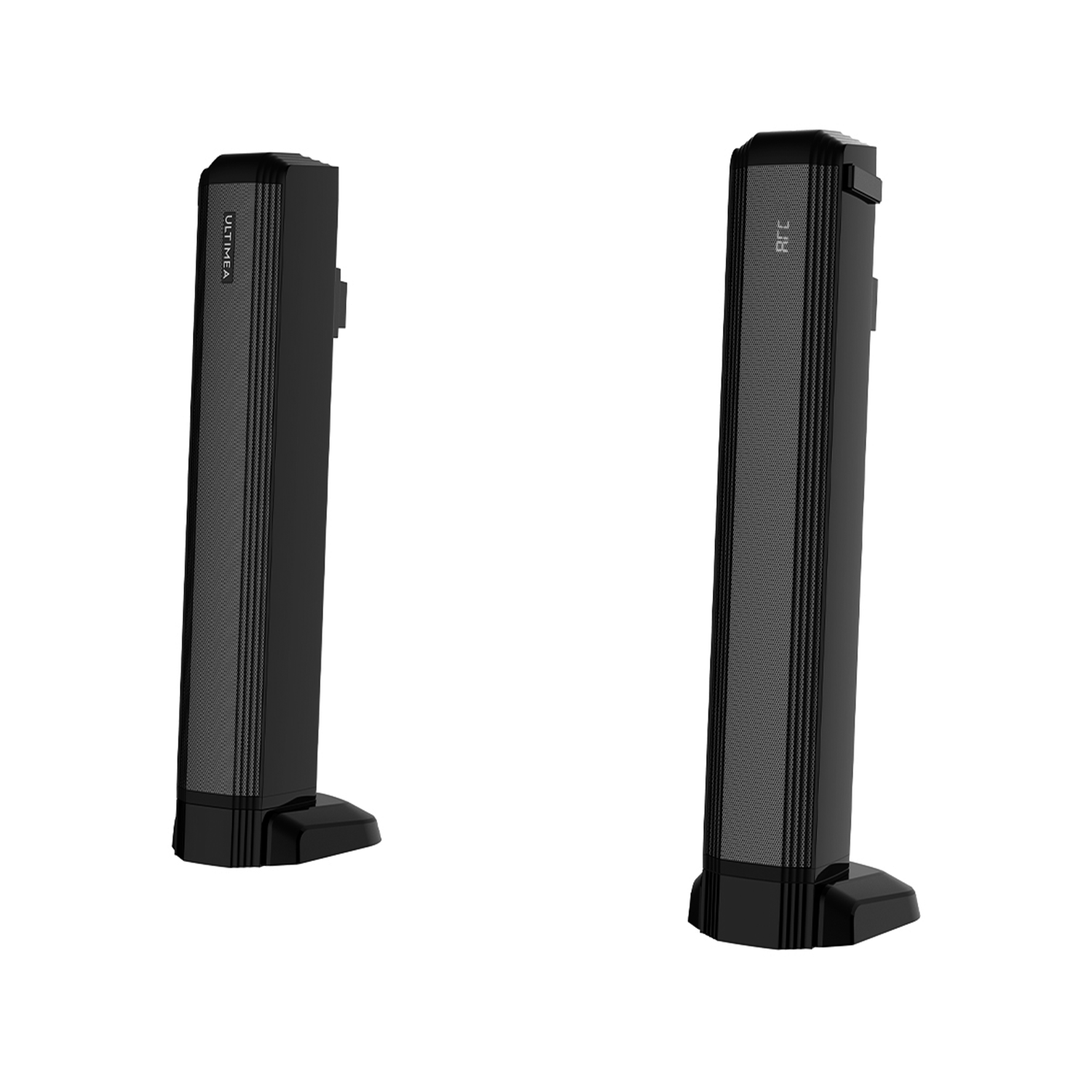 Dwa czarne głośniki wieżowe na białym tle.