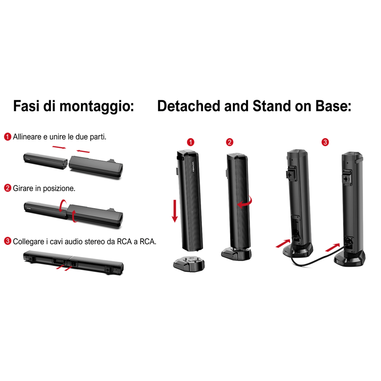 Istruzioni di montaggio per una soundbar con più passaggi e illustrazioni.
