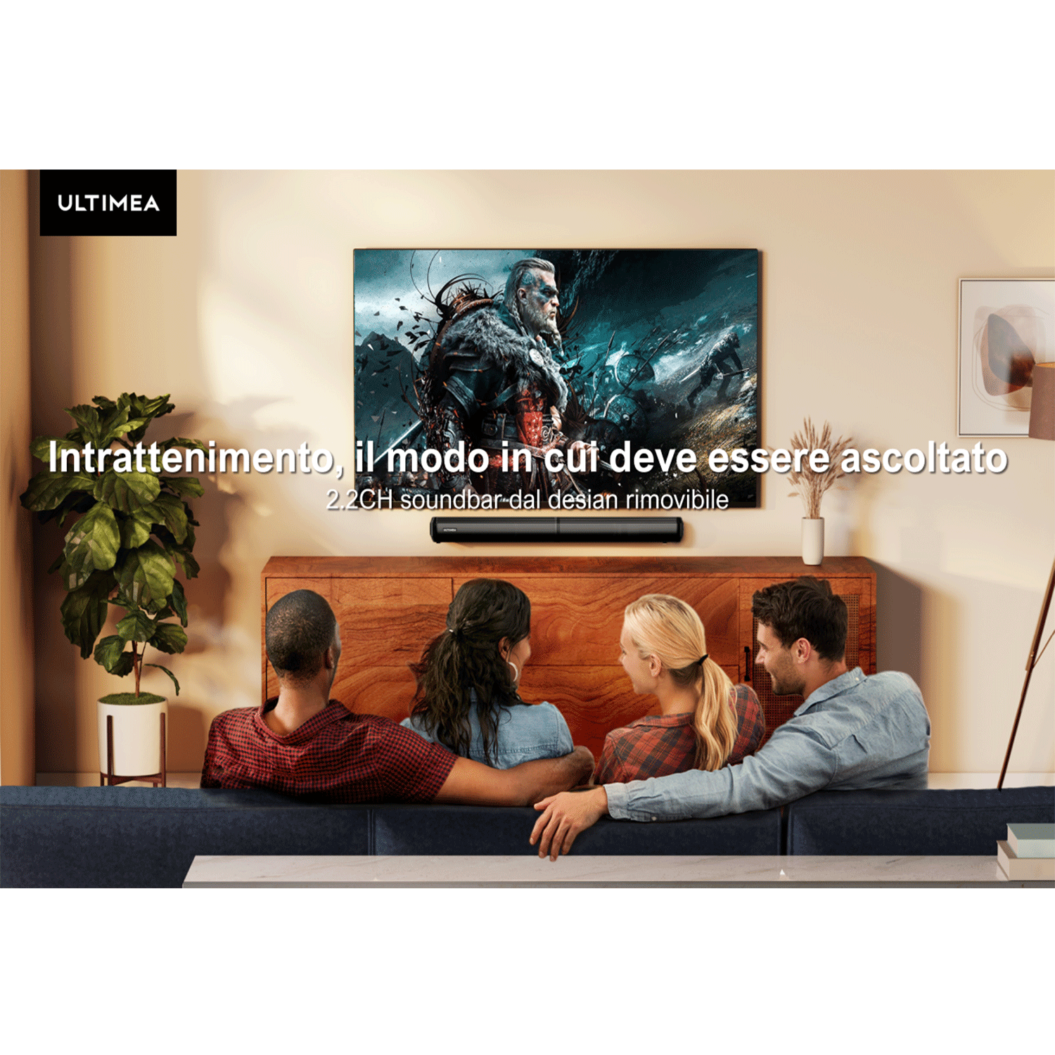 Persone che guardano un film in TV con una soundbar.