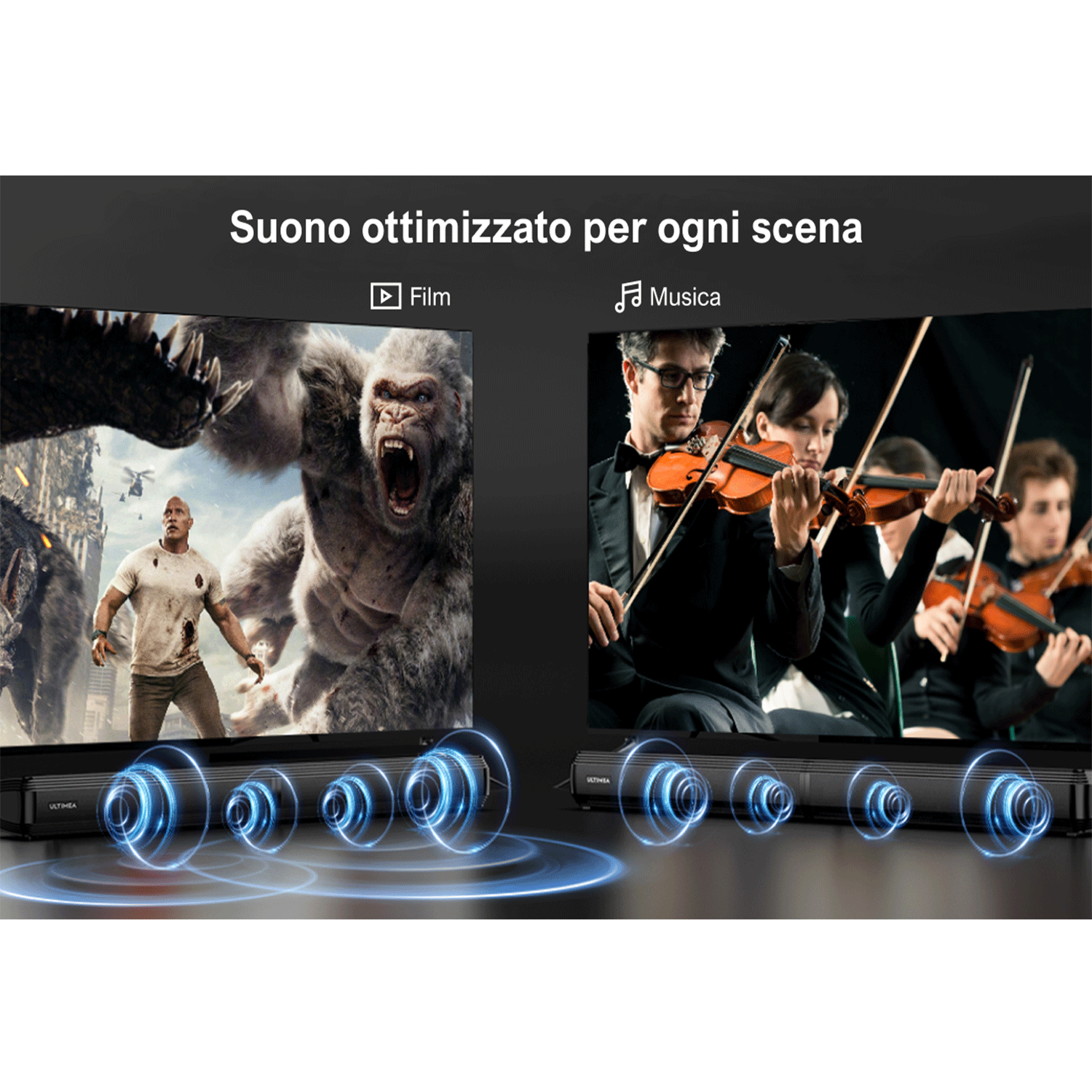 Configurazione soundbar che riproduce scene da un film e un concerto musicale.