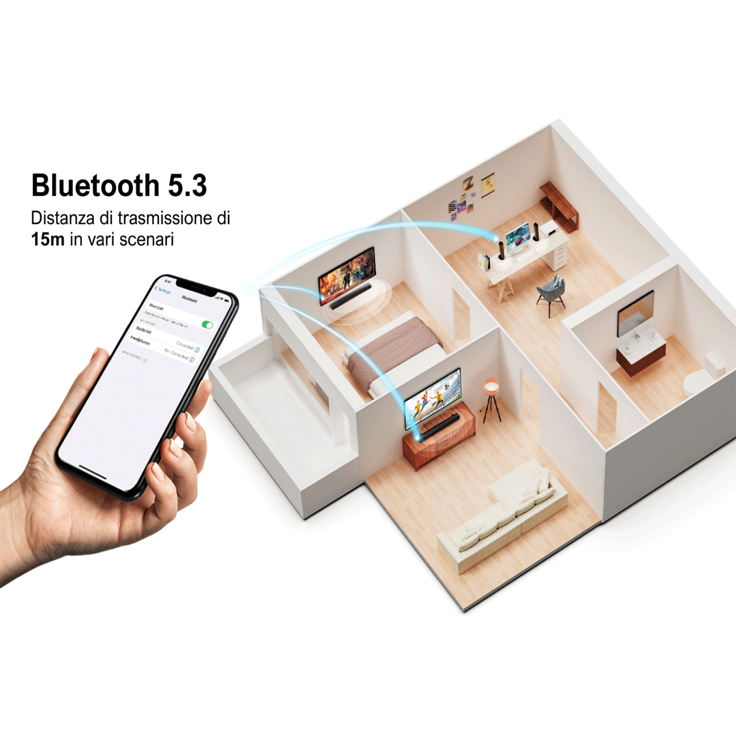 Una persona che tiene un telefono con un'interfaccia di app per la casa intelligente, che mostra un layout della casa con i dispositivi.