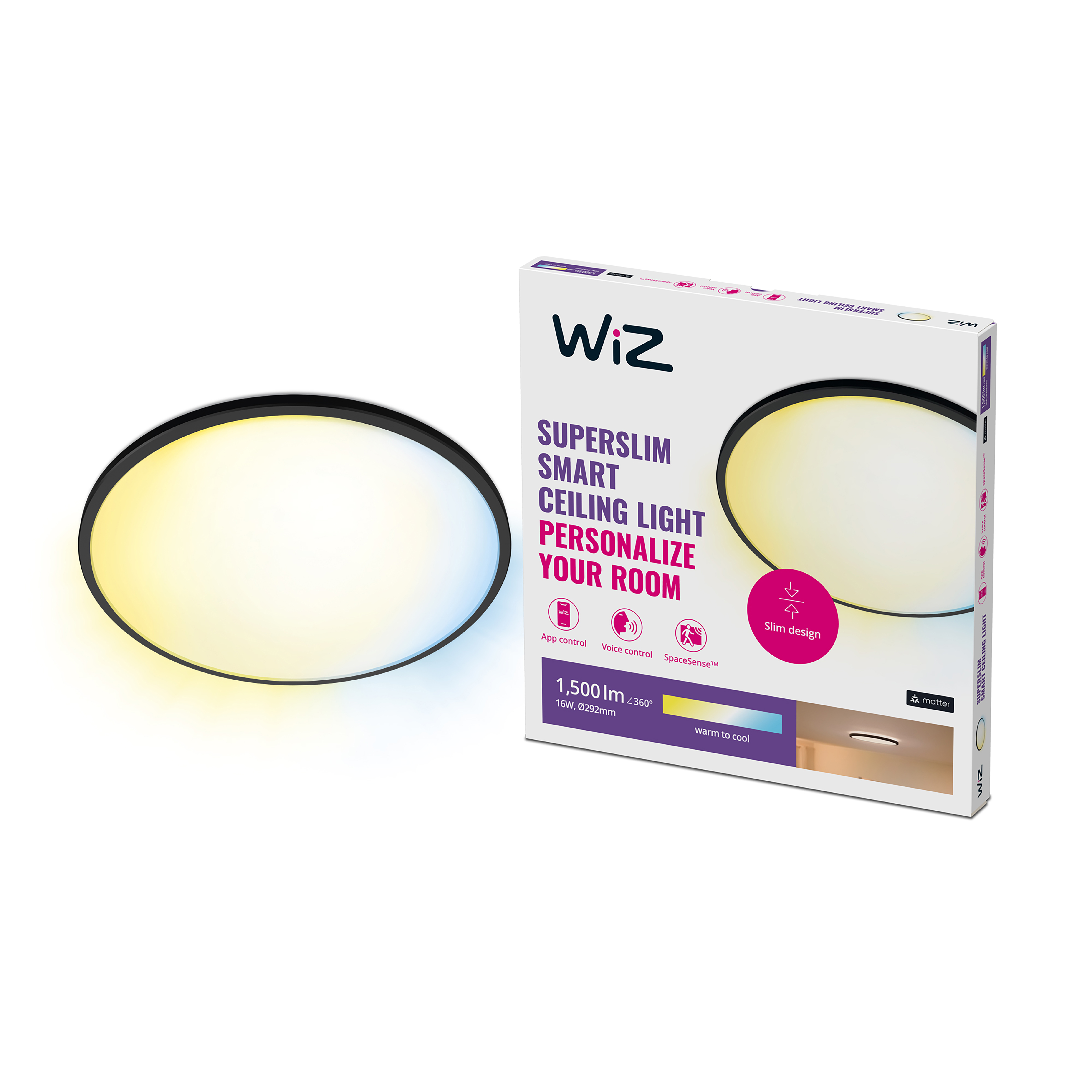 Caja del producto de luz de techo inteligente. Texto: Luz de techo inteligente Superslim, personaliza tu habitación.