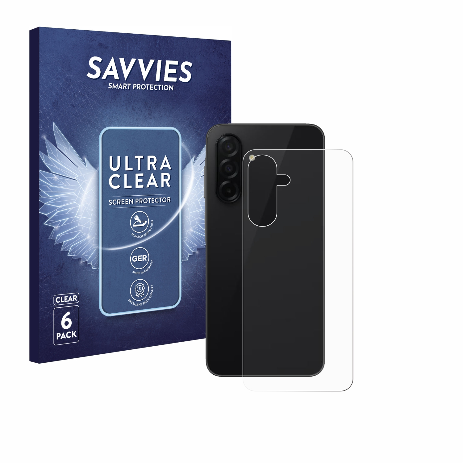 Displayschutzfolie für ein schwarzes Telefon. Box mit Text links.