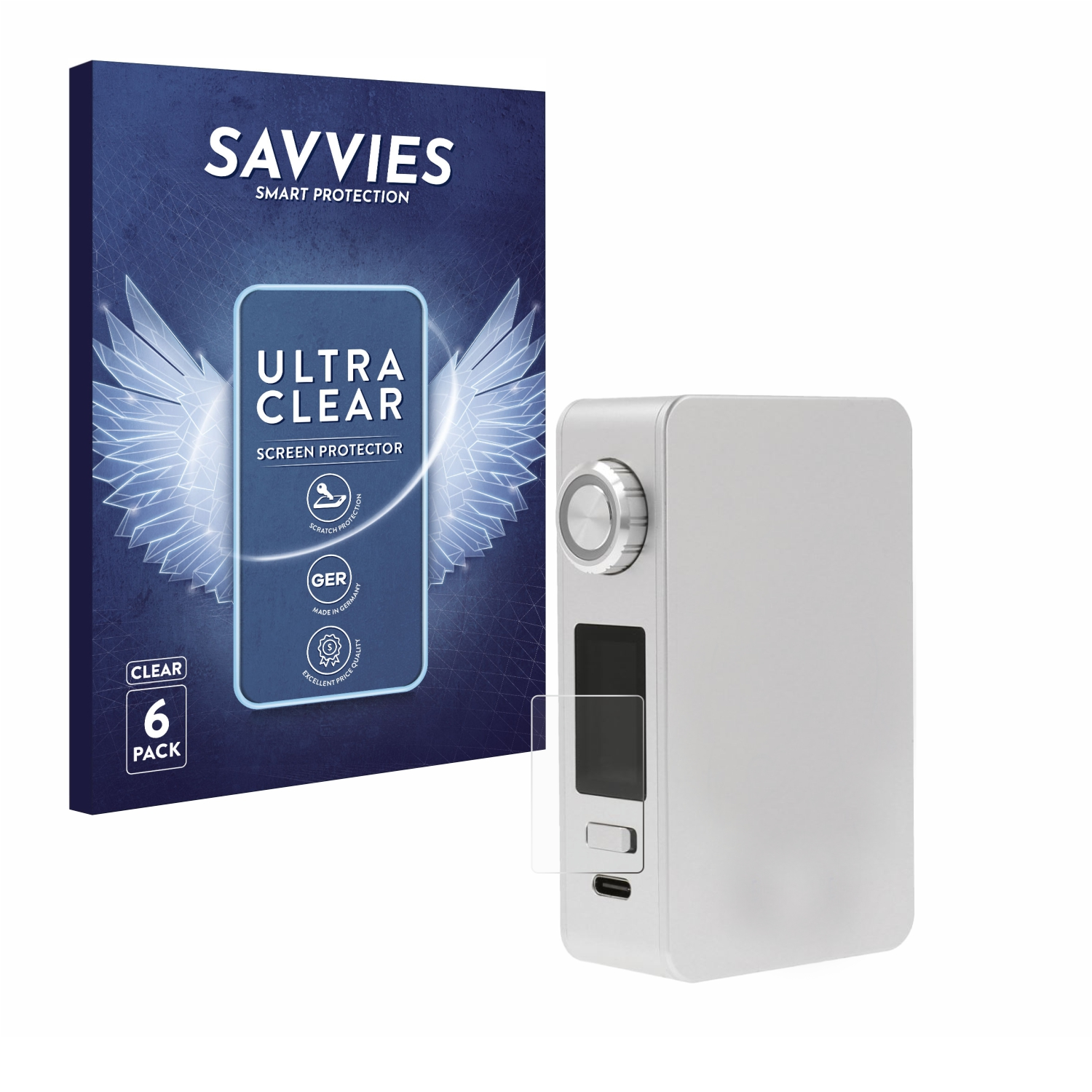 Vape und Displayschutzfolienbox. Vape mit Displayschutzfolie und einer Box.
